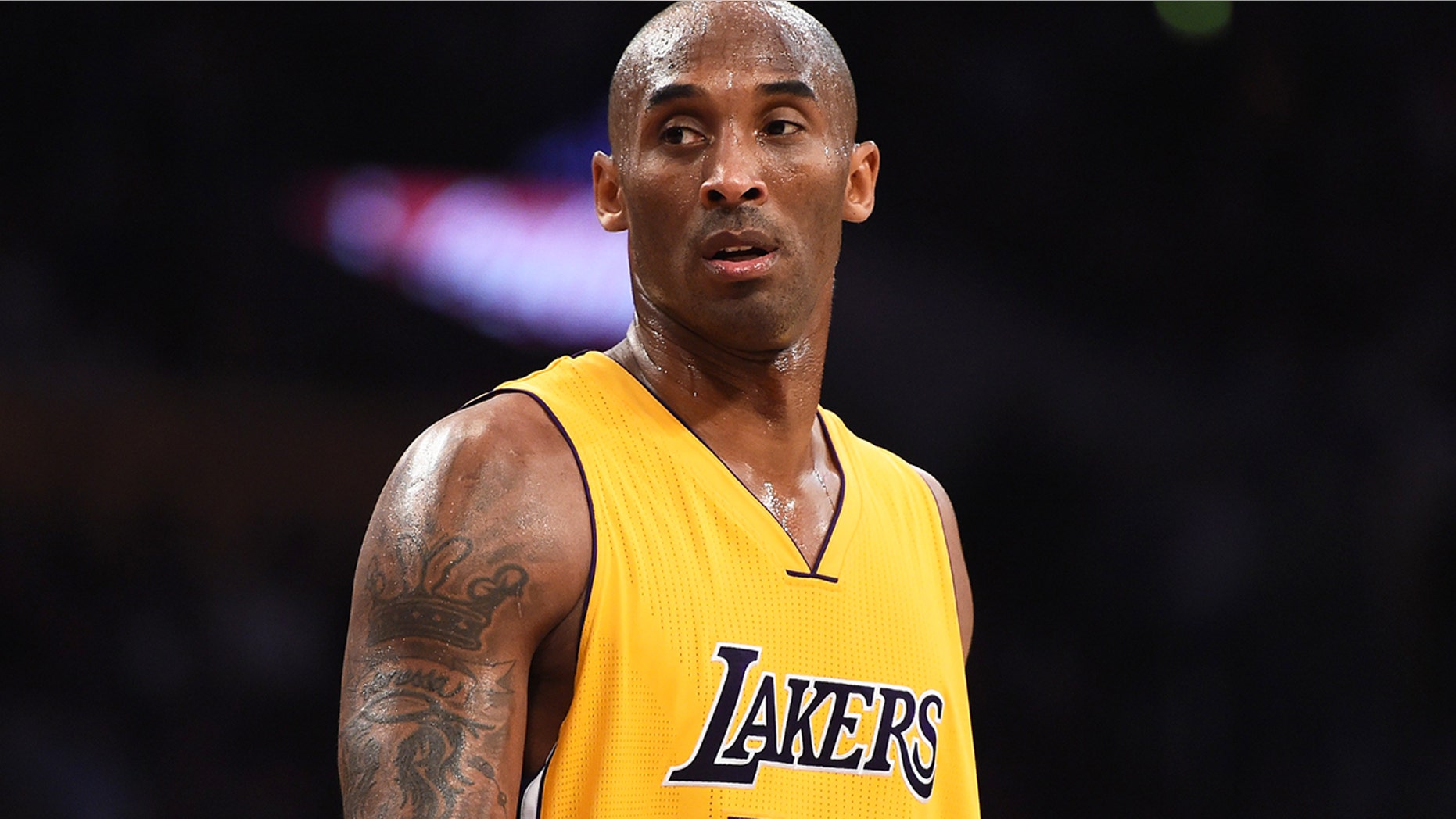 FILE: Kobe Bryant (24) of the Los Angeles Lakers looks on during the Lakers NBA match up with the Toronto Raptors, November 20, 2015 at Staples Center in Los Angeles, California. The Raptors defeated the Lakers 102-91.