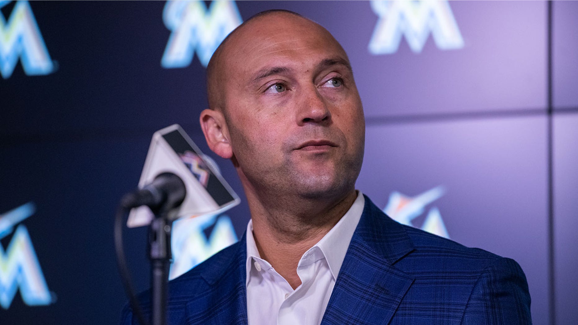 Chief Executive Officer Derek Jeter of the Miami Marlins speaks with members of the media to announce the signing of the Mesa brothers at Marlins Park on October 22, 2018 in Miami, Florida.