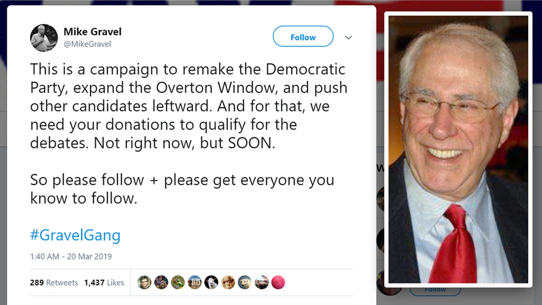 Former Democratic U.S. Sen. Mike Gravel of Alaska, 88, is the latest to run for president. (Twitter / Mike Gravel)
