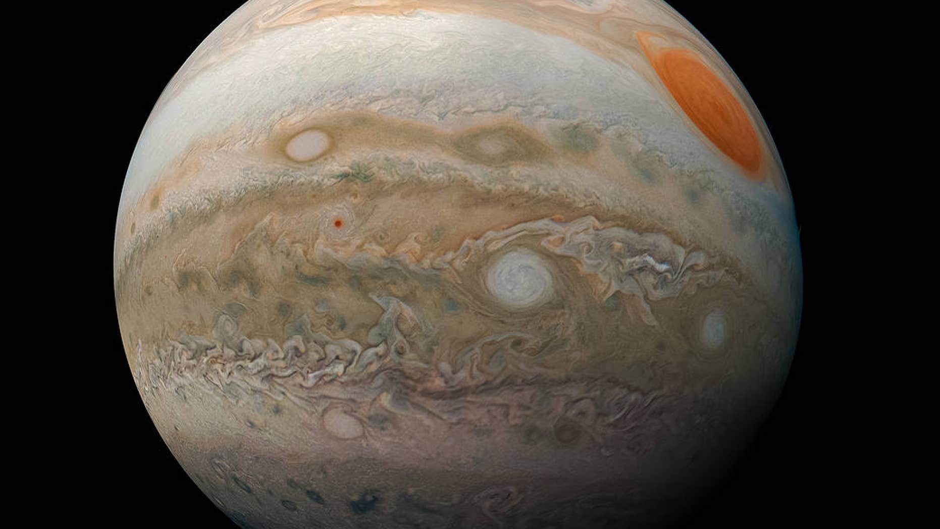 The picture shows the big red spot of Jupiter and storms in the southern hemisphere of the gas giant.