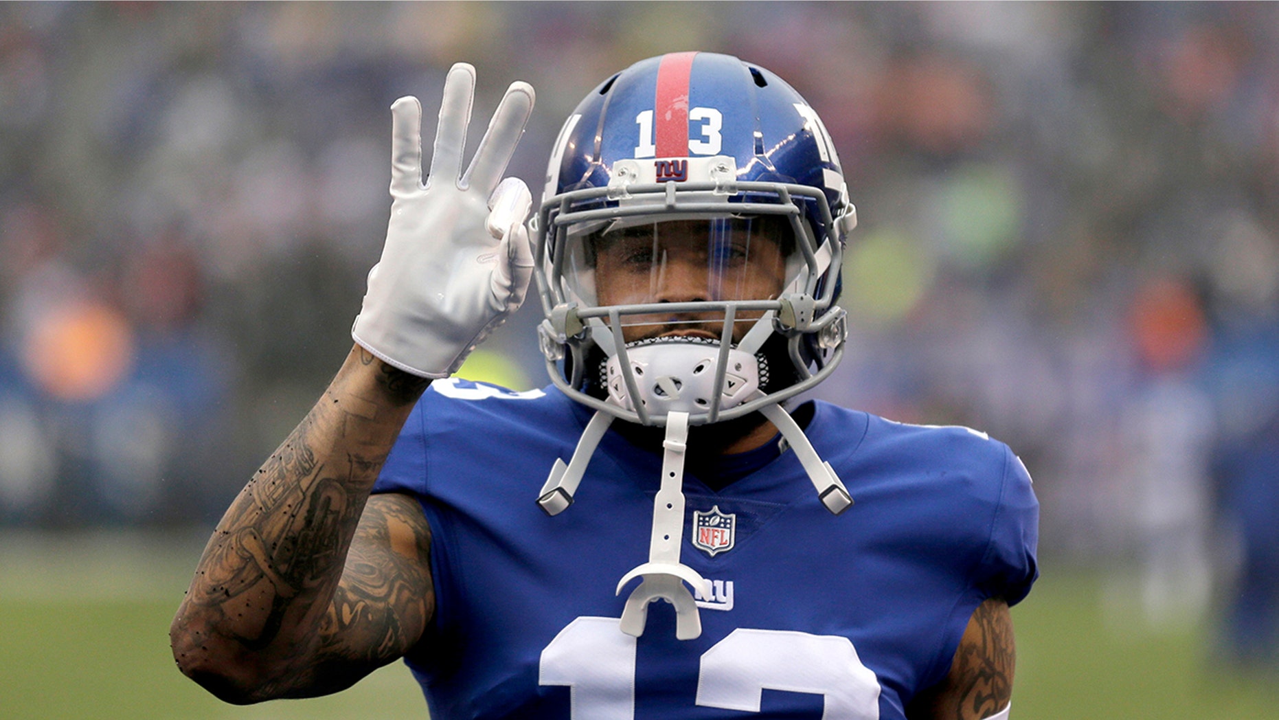 FILE - In this Dec. 2, 2018, file photo, New York Giants wide receiver Odell Beckham Jr. gestures prior to the team's NFL football game against the Chicago Bears in East Rutherford, N.J. (Associated Press)
