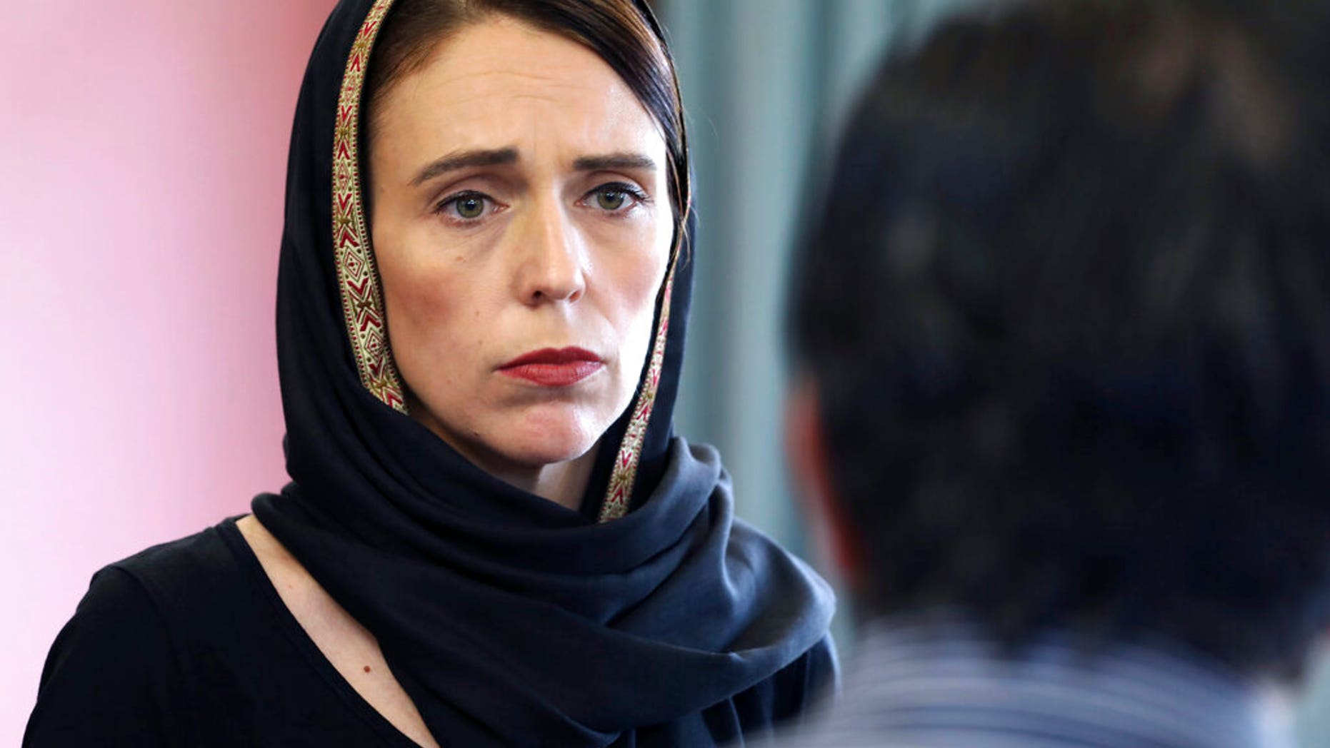 New Zealand Prime Minister Jacinda Ardern speaks to representatives of the Muslim community, at the Canterbury Refugee Centre in Christchurch, New Zealand, a day after the mass shootings at two mosques in the city.