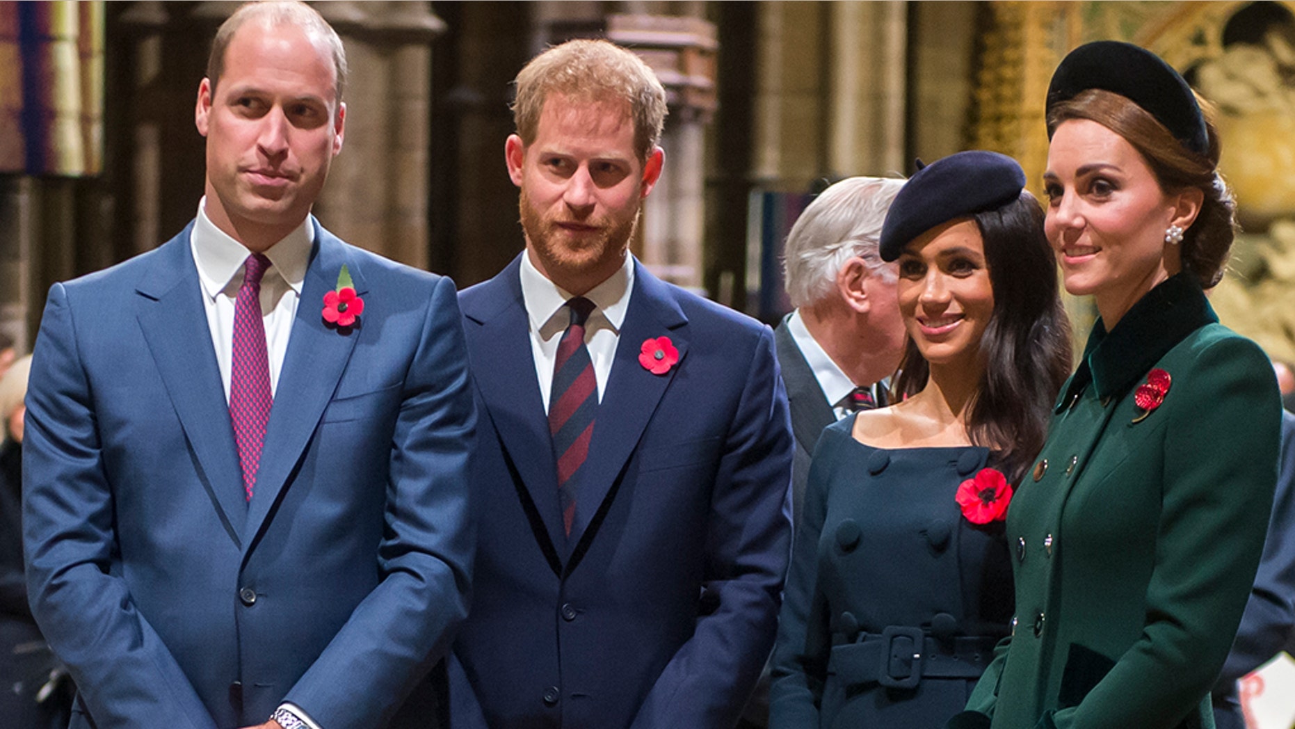 Prince William, Duke of Cambridge, Prince Harry, Duke of Sussex and Meghan, Duchess of Sussex and Catherine, Duchess of Cambridge, attend a service marking the centenary of WW1 armistice at Westminster Abbey on November 11, 2018 in London, England.