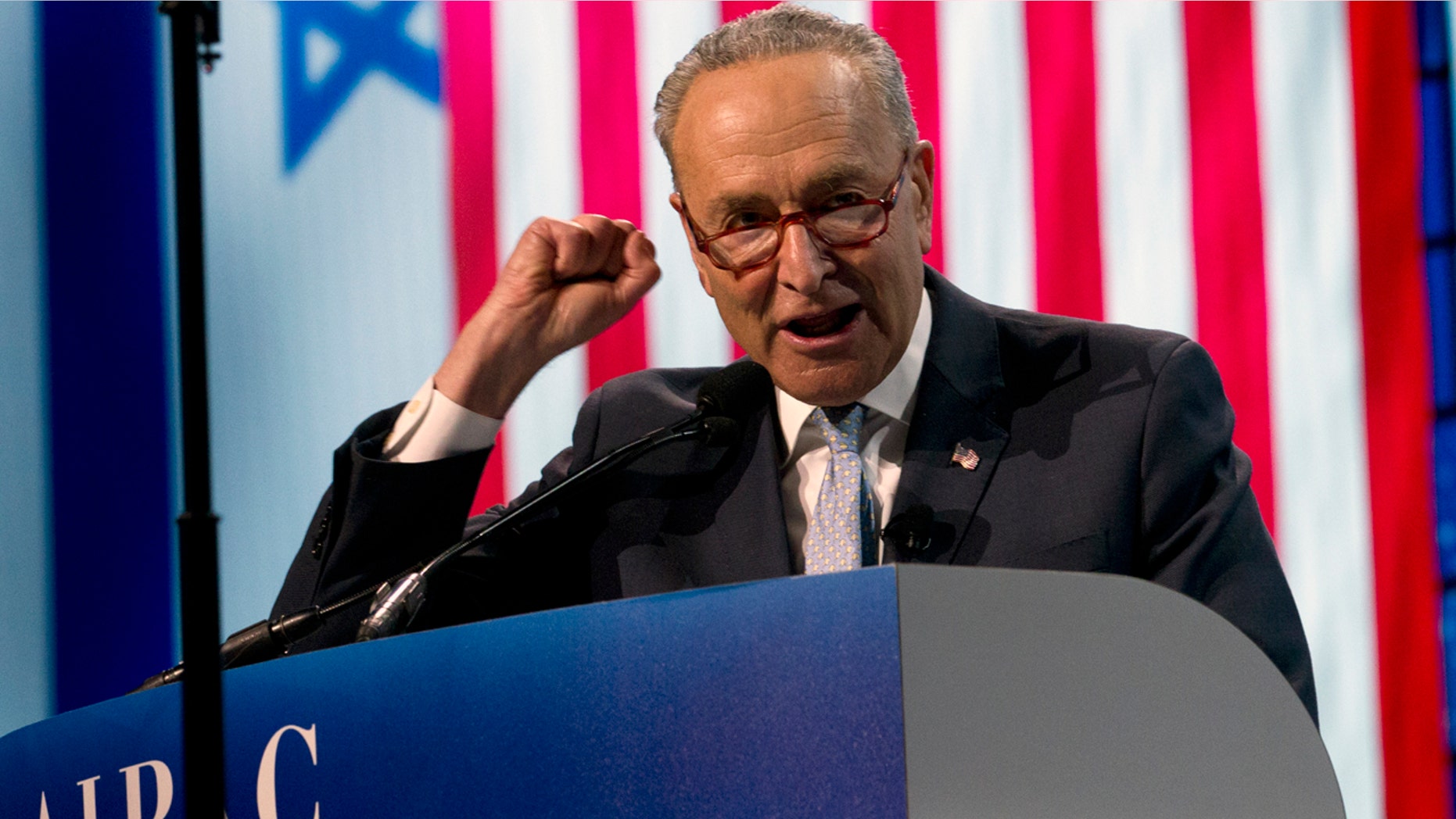 The Senate Minority Leader, Chuck Schumer, D-N.Y., spoke at the Political Conference of the US Public Affairs Committee (AIPAC) on Monday night in Washington. (AP Photo / Jose Luis Magana)