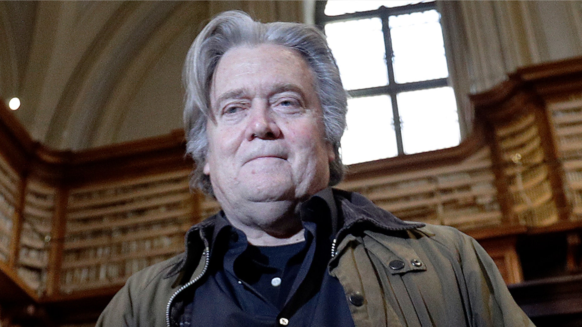 Former White House strategist Steve Bannon arrives to delivers his speech on the occasion of a meeting at Rome's Angelica Library, Thursday, March 21, 2019. (AP Photo/Gregorio Borgia)
