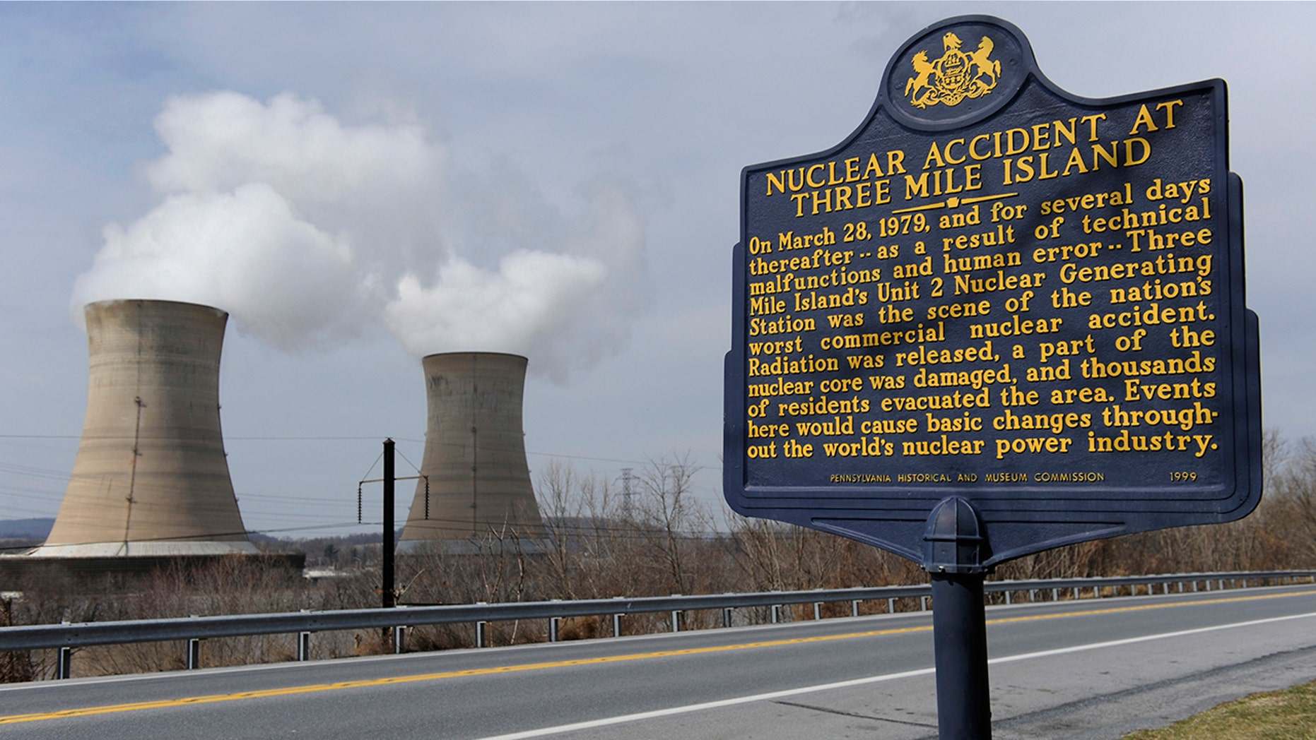 A sign marks the Three Mile Island nuclear power plant, where the U.S. suffered its most serious nuclear accident in 1979, in Middletown, Pennsylvania. (REUTERS/Jonathan Ernst)