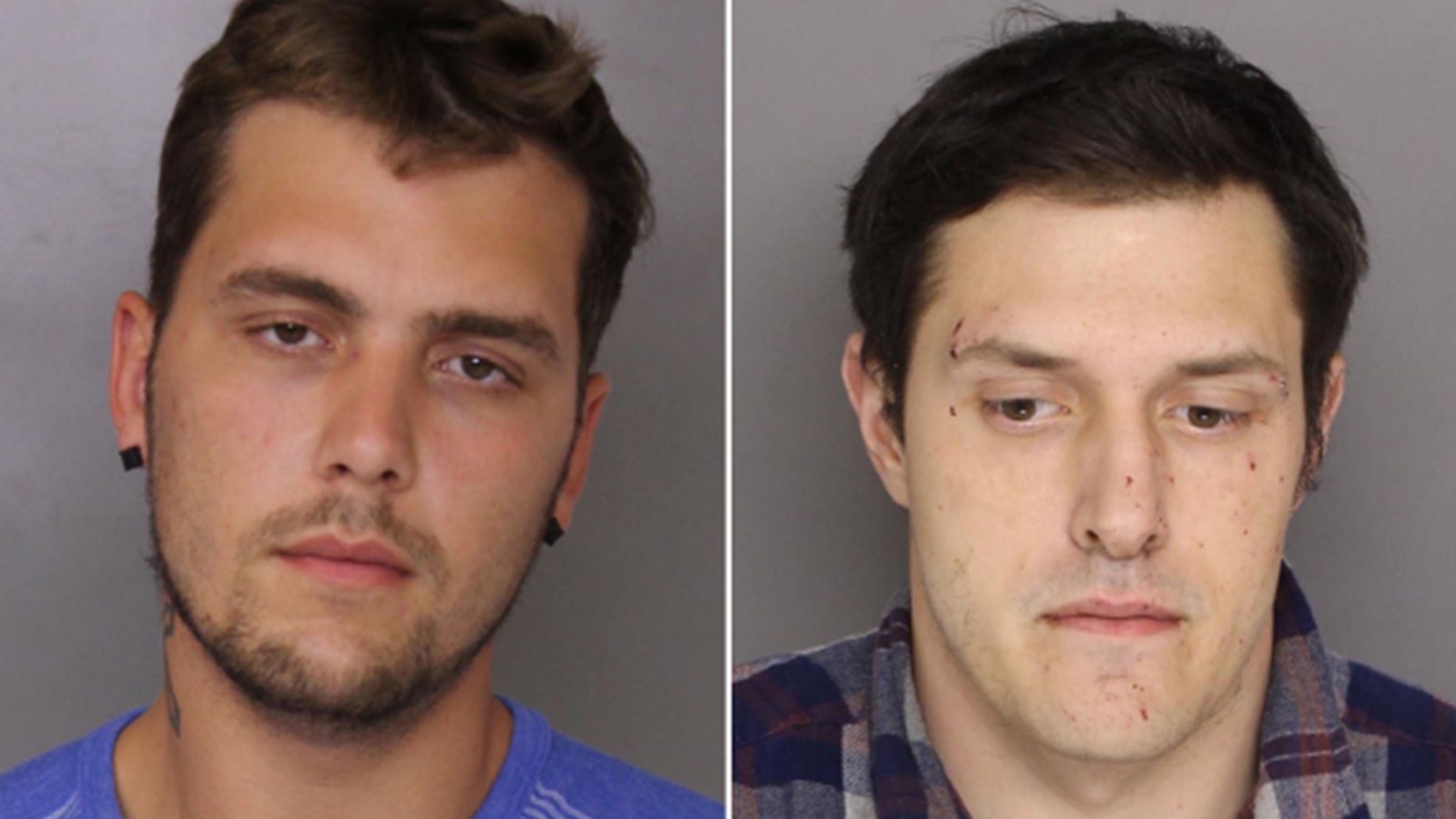 Jacob William Rogge, left, and Joseph Philip Svezzese have been arrested following a robbery over the weekend in which police say Rogge wore a unicorn costume.