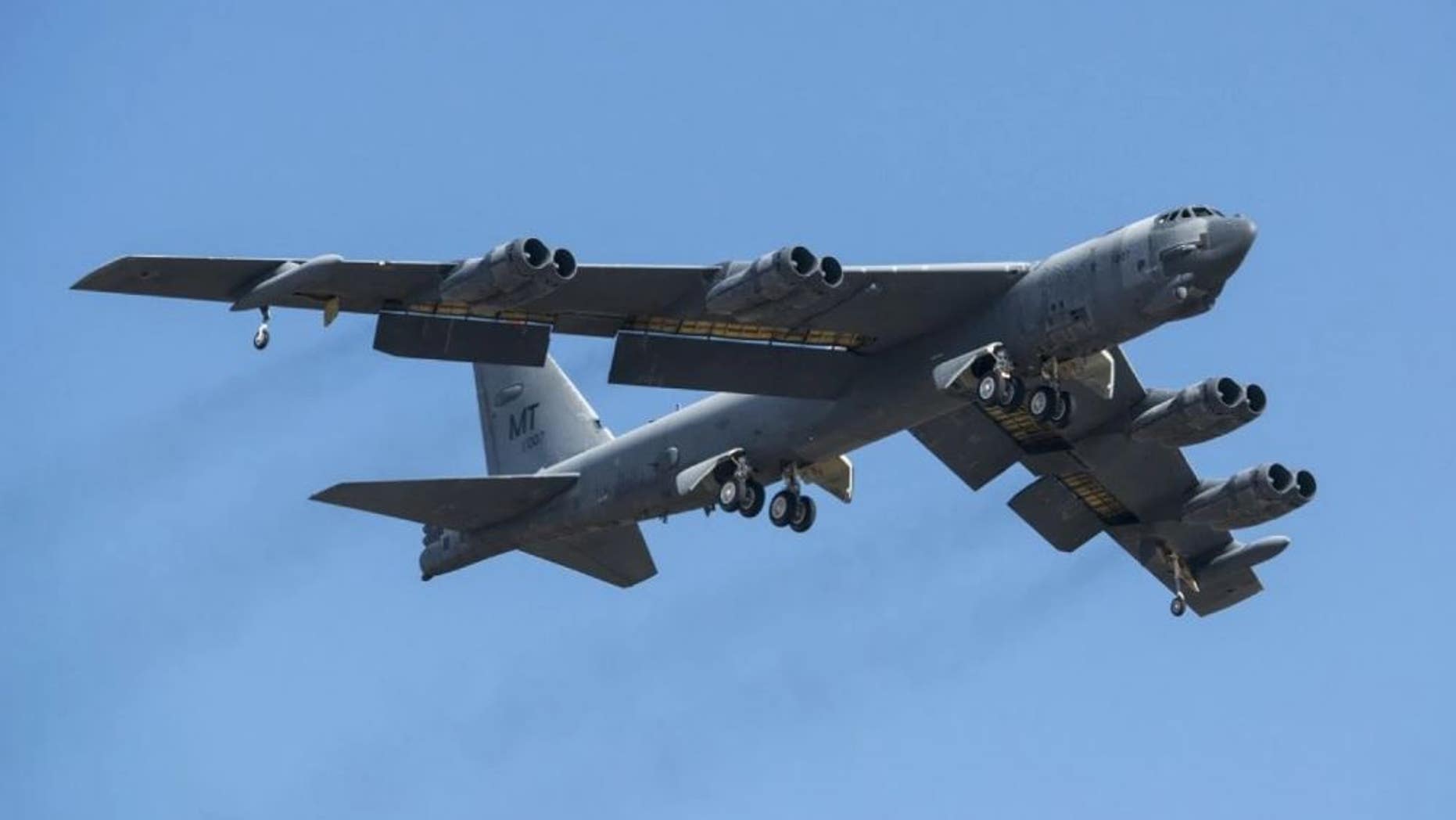 A B-52H Stratofortress takes off.