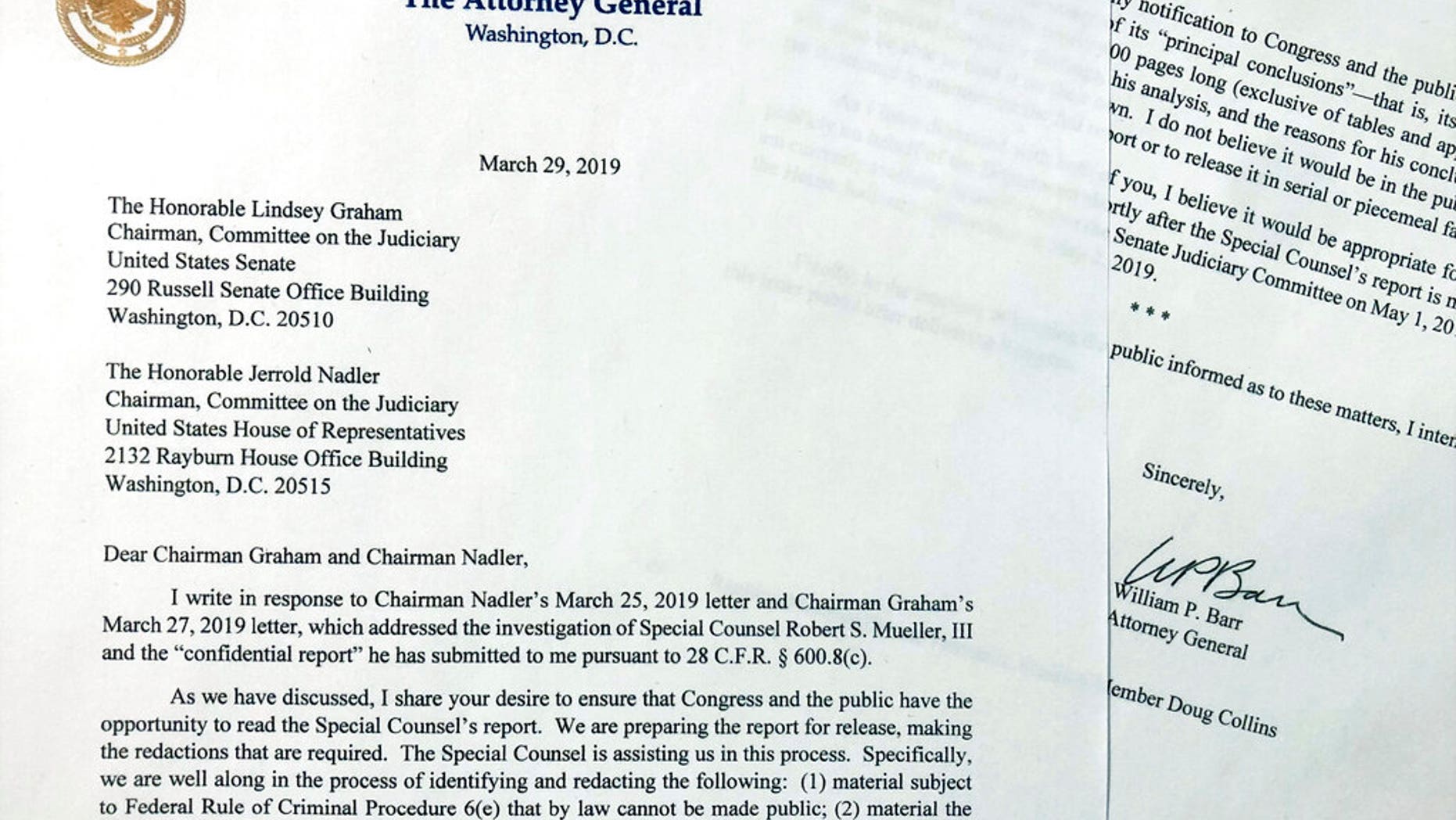The letter that Attorney General William Barr sent to Congress on Friday, March 29, 2019, is photographed in Washington. Barr told Congress to expect a version of special counsel's Russia report by mid-April. (AP Photo/Wayne Partlow)
