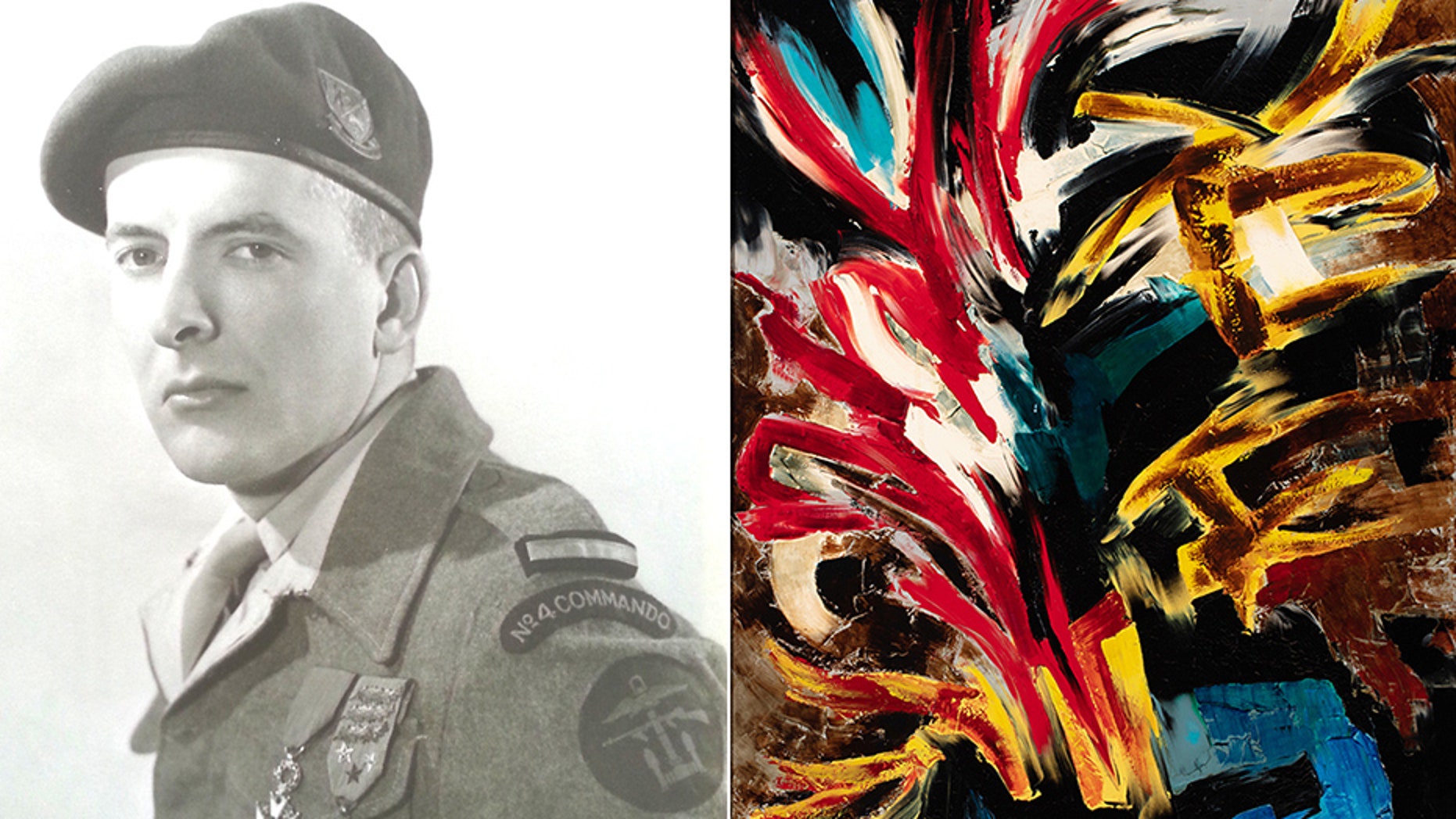 Guy de Montlaur, a French World War II soldier, has a series of his paintings now on display at the National World War II Museum in New Orleans. At right is his 1957 painting "Fire", which the Museum says is titled as a "reference to his wartime experiences". (National World War II Museum/Courtesy Montlaur Family)