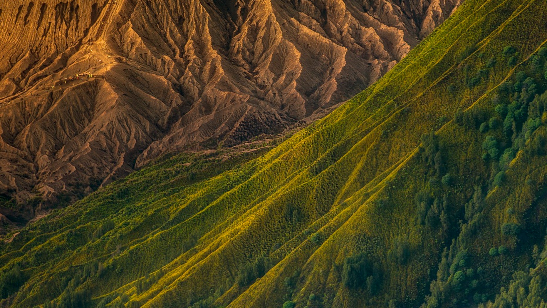 Here, the ridges of Batok and Bromo volcanoes in Indonesia.