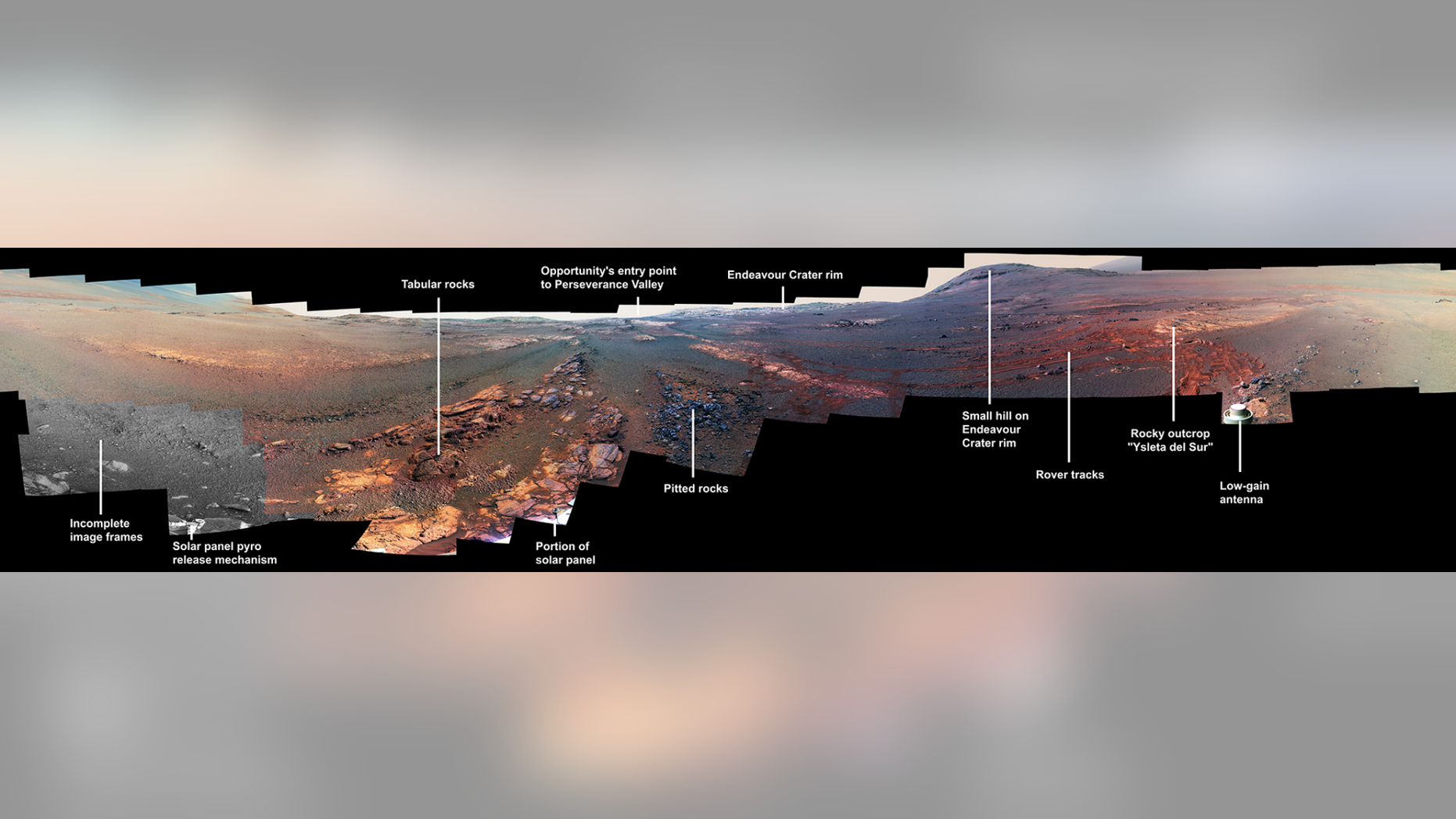 This annotated image is a cropped version of the last 360-degree panorama taken by the Opportunity rover's Pancam from May 13 through June 10, 2018. This annotated view is presented in false color to make some differences between materials easier to see.