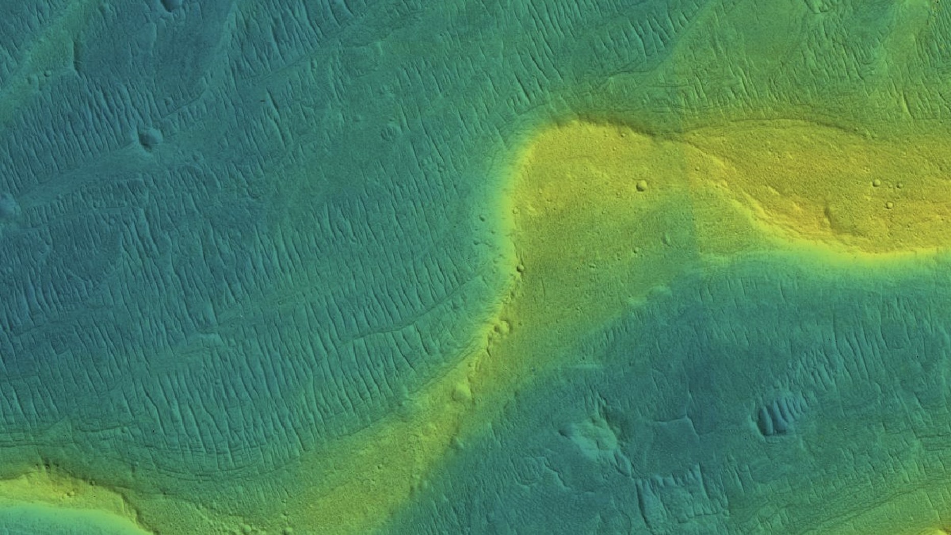 This NASA image shows a preserved river channel on Mars, with colors superimposed to indicate elevation (blue is low, yellow is high). The elevation range in the snapshot is about 35 meters.