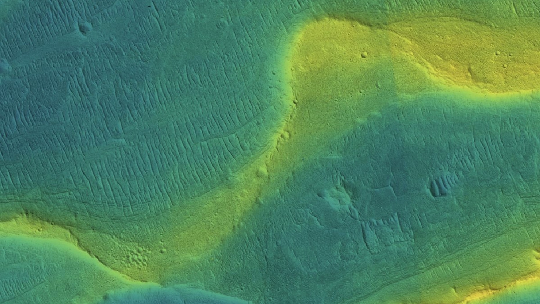 This NASA image shows a preserved river channel on Mars, with colors superimposed to indicate elevation (blue is low, yellow is high). The elevation range in the snapshot is about 35 meters.