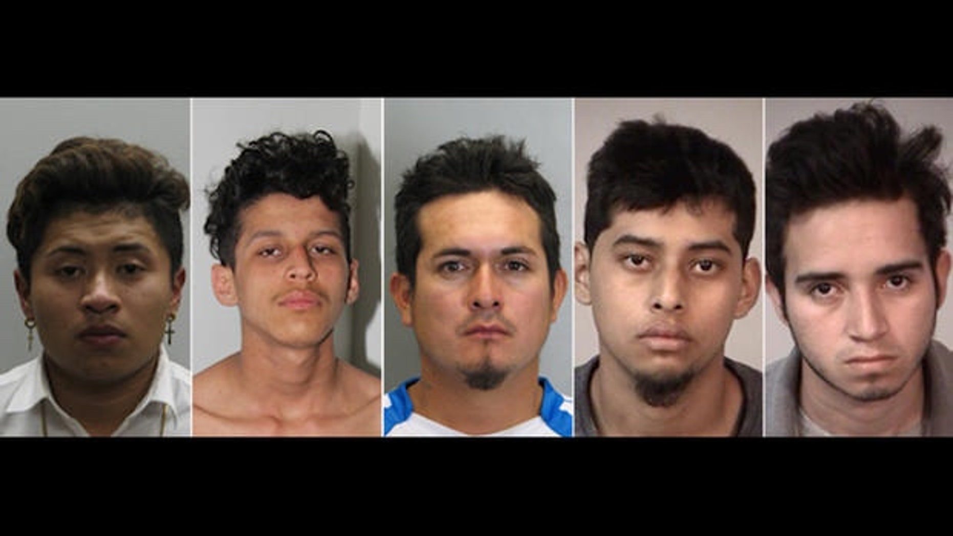 Mugshots for MS-13 gang members charged with murder this week: Jose Hernandez-Garcia, Christian Martinez-Ramirez, Jose Ordonez-Zometa, Kevin Rodriquez-Flores, Jonathan Castillo-Rivera.