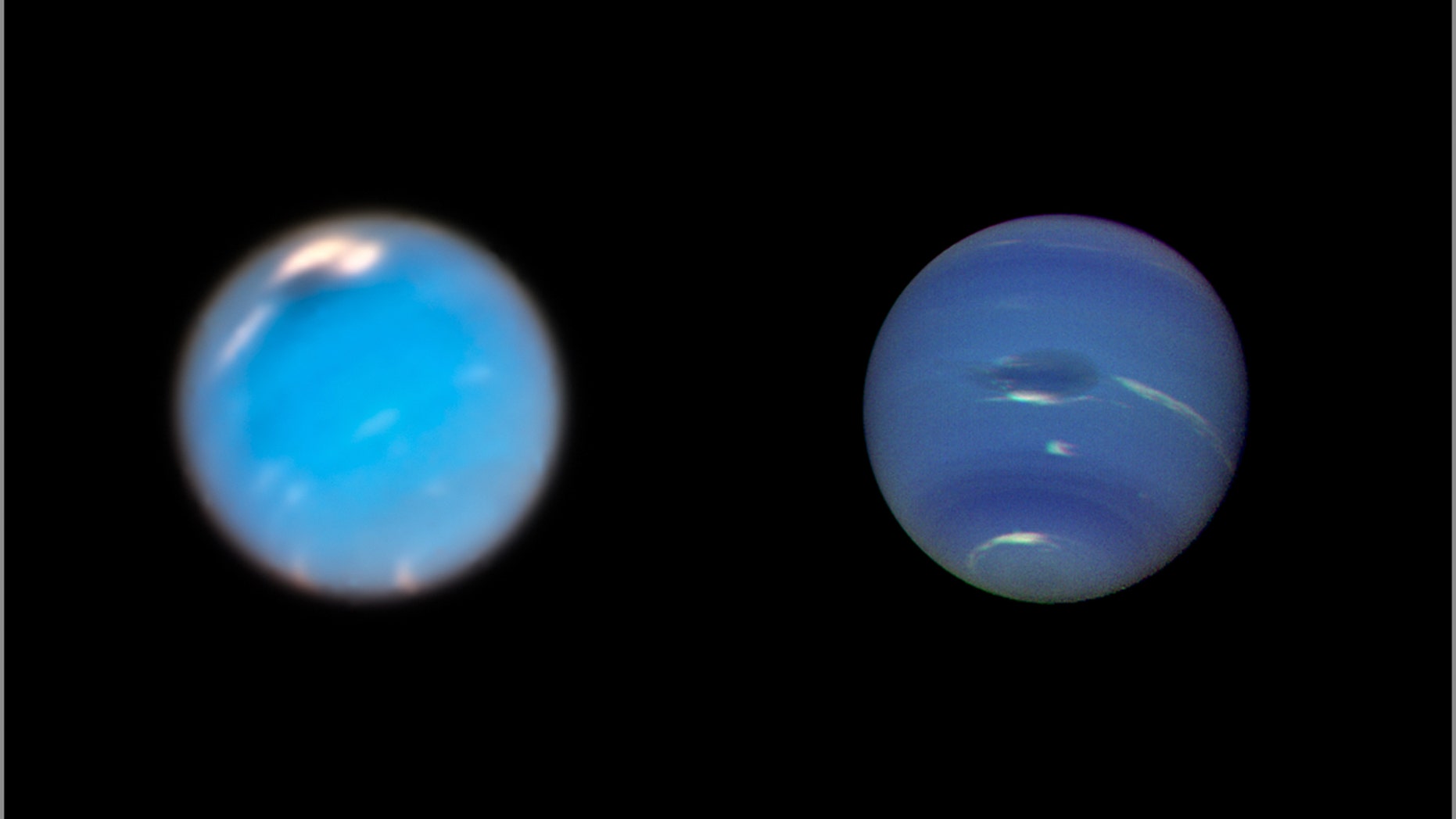 This composite image shows images of storms on Neptune from the Hubble Space Telescope (left) and the Voyager 2 spacecraft (right). The image of Neptune taken by the Hubble Wide Field 3 camera, taken in September and November 2018, shows a new dark storm (top center). In Voyager's image, a storm known as Great Dark Spot (GDS) appears in the center. It is approximately 13,000 km over 6,600 km - as wide as the Earth. White clouds observed hovering near storms have a higher altitude than dark material. (Credit: NASA / ESA / GSFC / JPL)