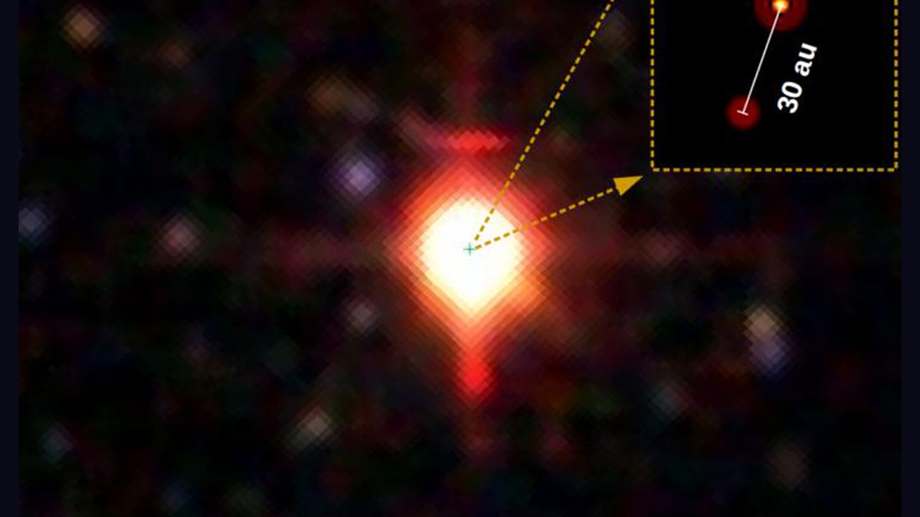 The bright point of light in the center of the image is actually two stars, shown in the magnified image on the upper right. "AU" means "astronomical unit," referring to the distance between Earth and the sun.