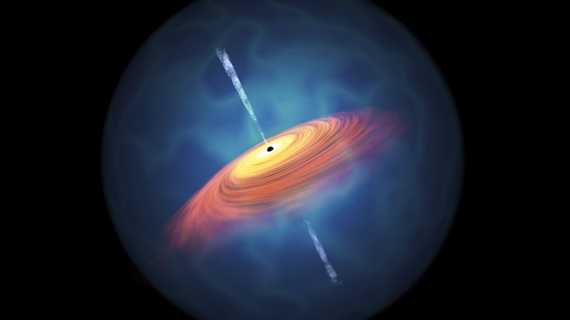 An artist's conception of a quasar surrounding a supermassive black hole, which has a mass many times that of Earth's sun. Although nothing that falls into the black hole can escape, its massive gravity accelerates an "accretion disk" of luminous particles and gases around it.