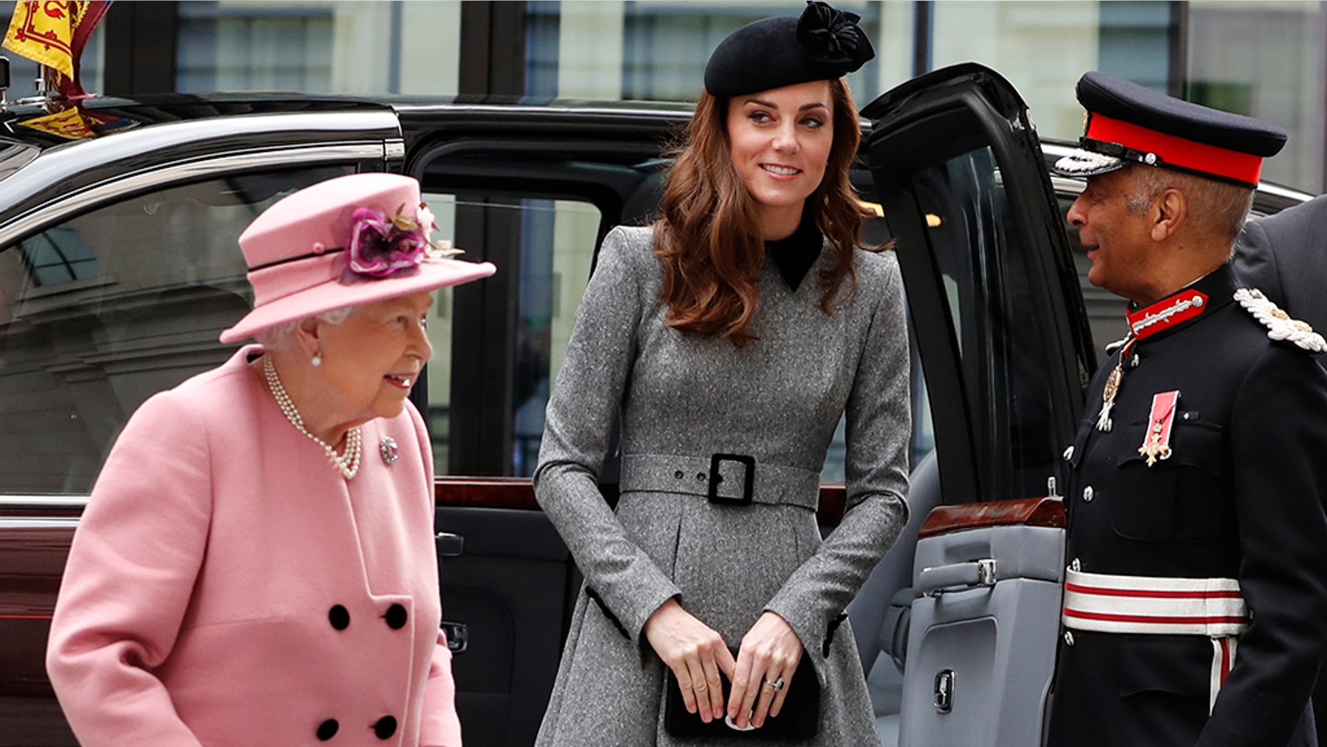 Britains' Queen Elizabeth II accompanied by Kate, Duchess of Cambridge arrives at Kings College in London, Tuesday, March 19, 2019. The Queen and Kate Duchess of Cambridge, will visit King's College London, Tuesday, to open Bush House, the latest education and learning facilities on the Strand Campus.