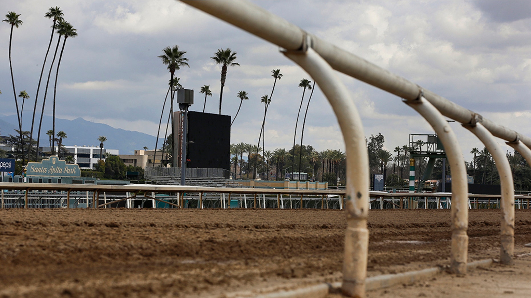 Photo shows the empty home stretch at Santa Anita Park in Arcadia, Calif, where racing has been canceled as the track deals an alarming number of horse deaths, now at 22. (AP Photo/Damian Dovarganes, File)