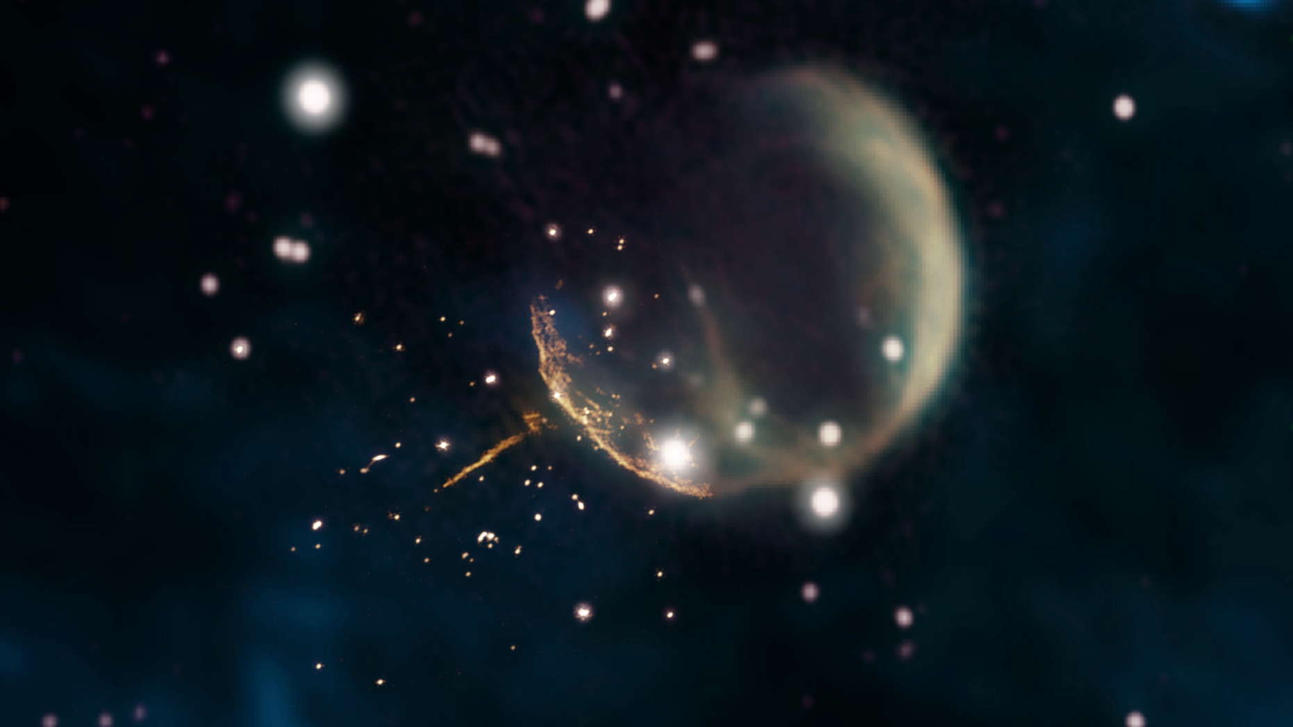 A pulsar shoots away from the supernova remnant CTB 1 in this image created with composite data from the Very Large Array and the Dominion Radio Astrophysical Observatory's Canadian Galactic Plane Survey.