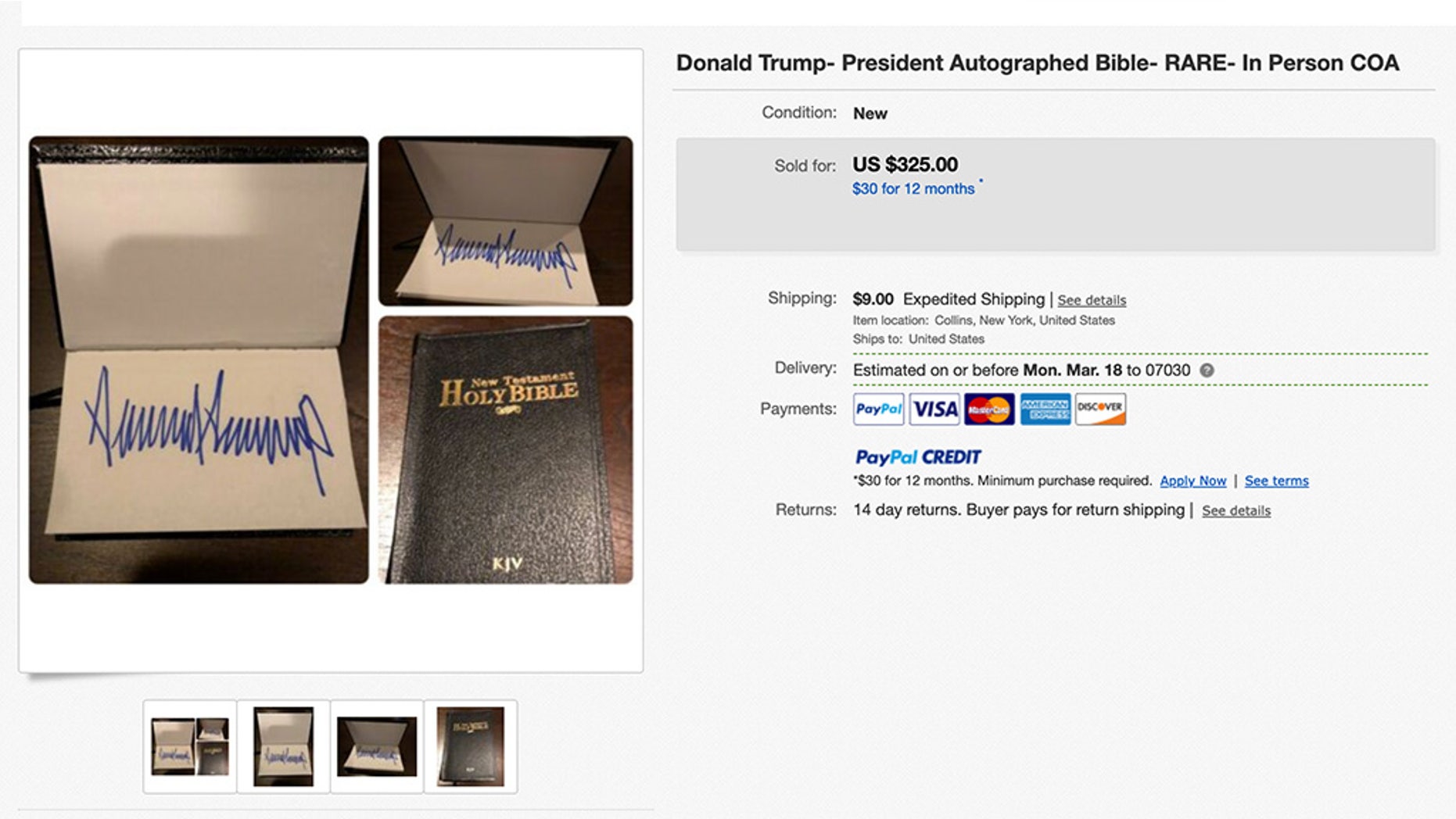 A Bible said to have been signed by President Donald Trump sold on eBay for $325