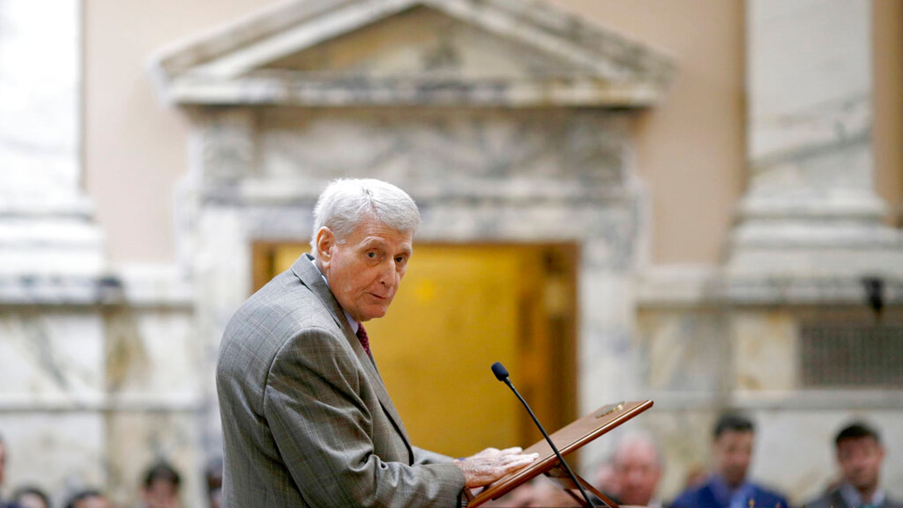 FILE - In a Jan. 9, 2019 file photo, Maryland House Speaker Michael Busch speaks in the House of Delegates chamber in Annapolis, Md., the first day of the state's 2019 legislative session. Busch died Sunday, April 7, 2019 surrounded by loved ones, according to Alexandra Hughes, the speaker’s chief of staff. He was 72. (Associated Press)