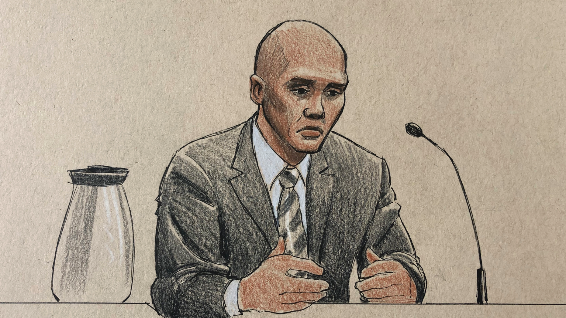 This courtroom sketch depicts former Minneapolis police officer Mohamed Noor on the witness stand Thursday, April 25, 2019, in Minneapolis during his trial in the fatally shooting of an unarmed Australian woman, Justine Ruszczyk Damond, in July 2017 after she called 911 to report a possible sexual assault behind her home. Noor testified Thursday that he saw fear in his partner's eyes, then saw a woman in a pink shirt with blond hair appear at the partner's window and raise her right arm before he fired his gun "to stop the threat." (Cedric Hohnstadt via AP)
