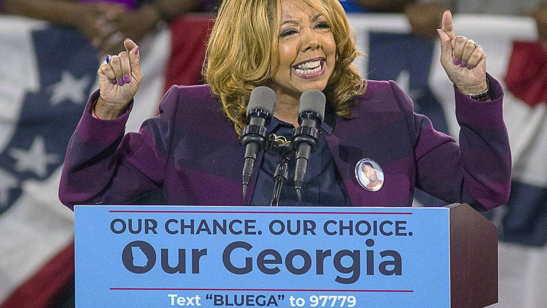 In this Nov. 2, 2018, file photo, Democrat Lucy McBath speaks during a rally for Democratic gubernatorial candidate Stacey Abrams, at Morehouse College in Atlanta. 