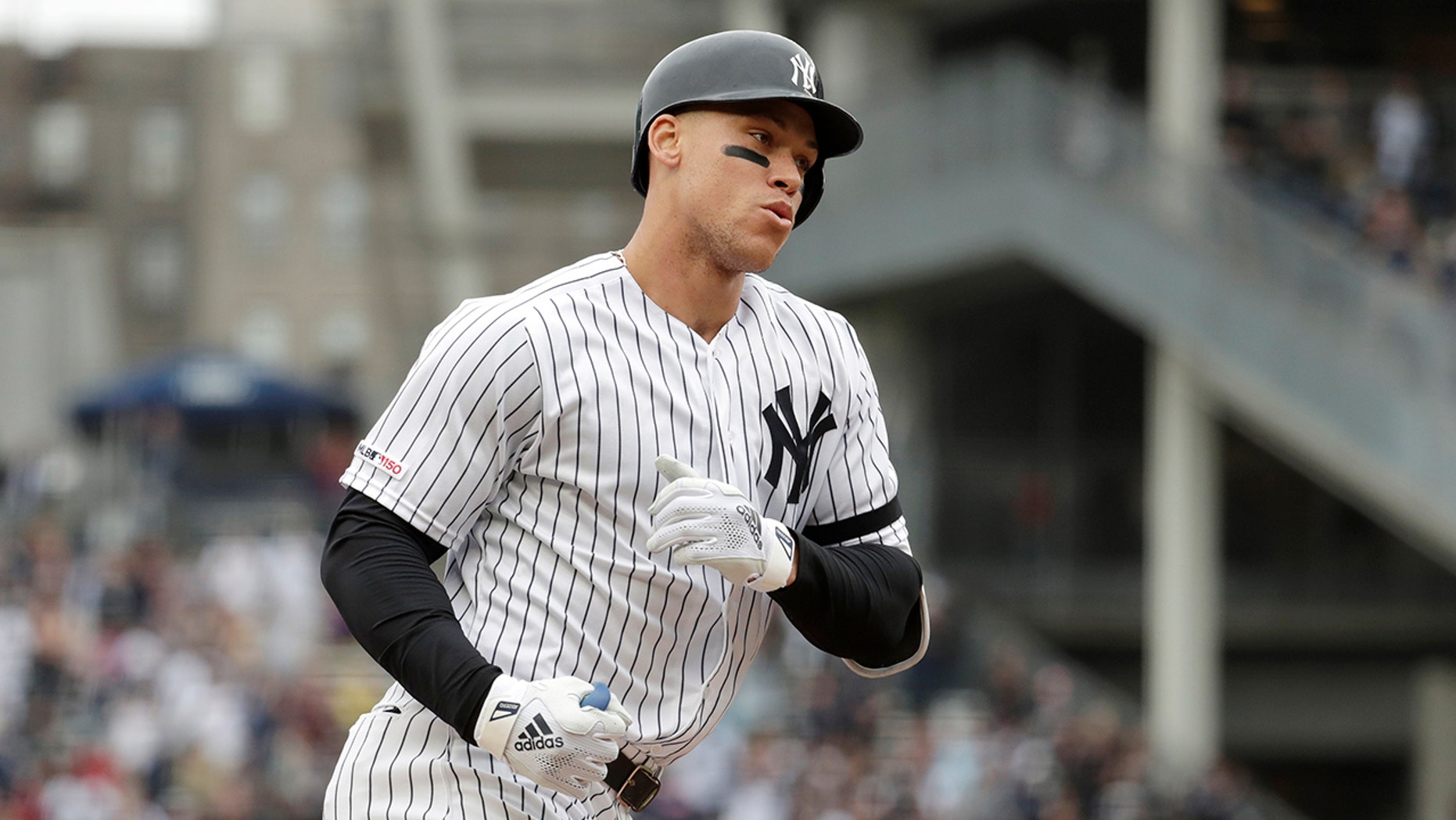 Aaron Judge of the New York Yankees leads the bases after hitting a solo pass against Kansas City Royals relief pitcher Heath Fillmyer in the first round of a baseball game on Saturday, April 20 2019 in New York.