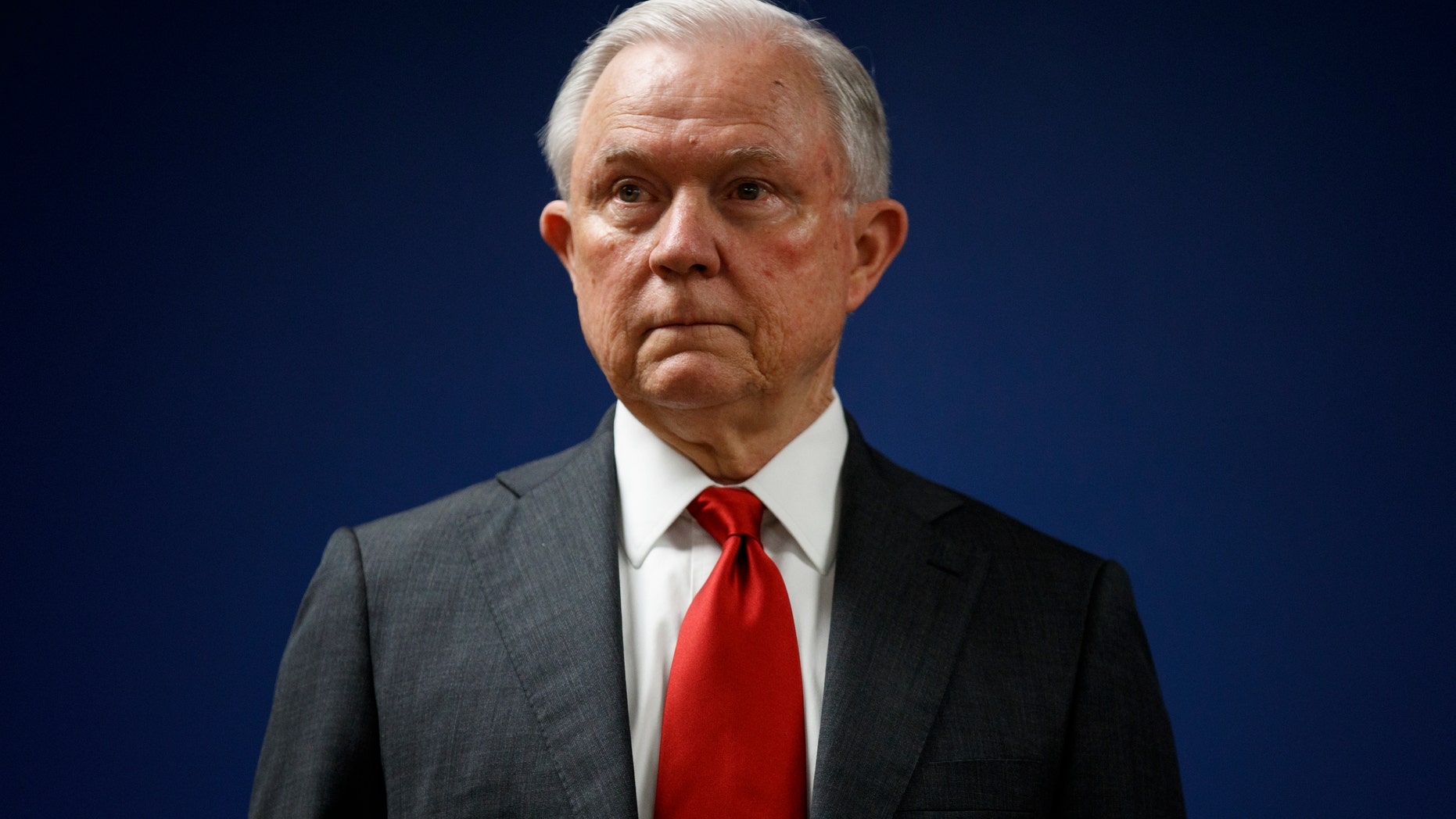 In this Oct. 15, 2018, Attorney General Jeff Sessions pauses during a news conference at the U.S. Attorney's Office for the District of Columbia. (AP Photo/Carolyn Kaster, File)