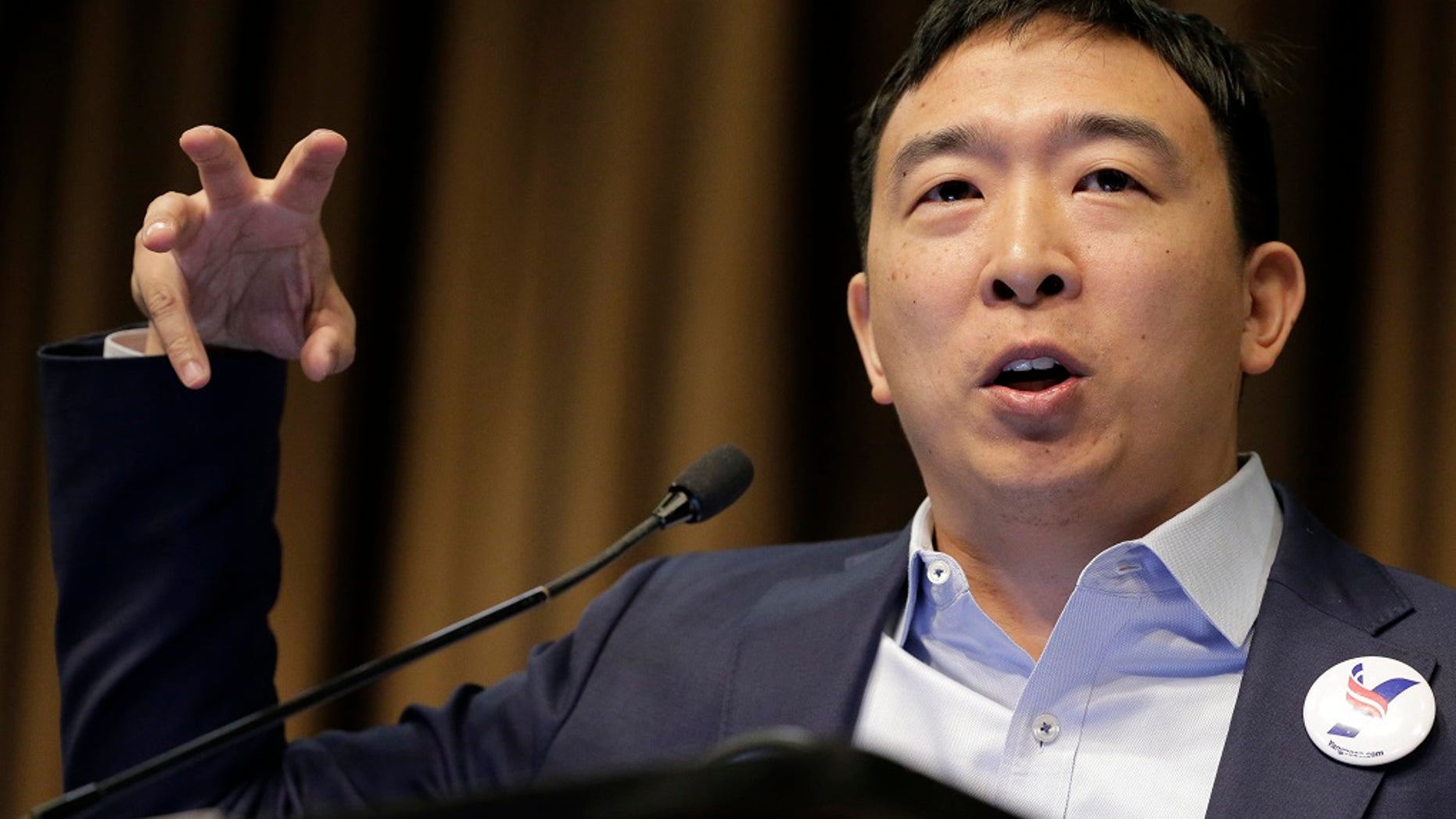 Presidential candidate and entrepreneur Andrew Yang speaks during the National Action Network Convention in New York, Wednesday, April 3, 2019. (Associated Press)