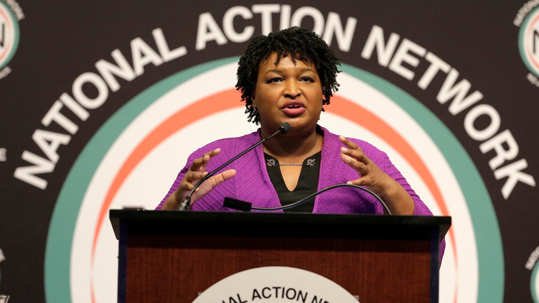 Georgia's former governor, Stacey Abrams, speaks at the National Action Network convention in New York on April 3, 2019. (Associated Press)