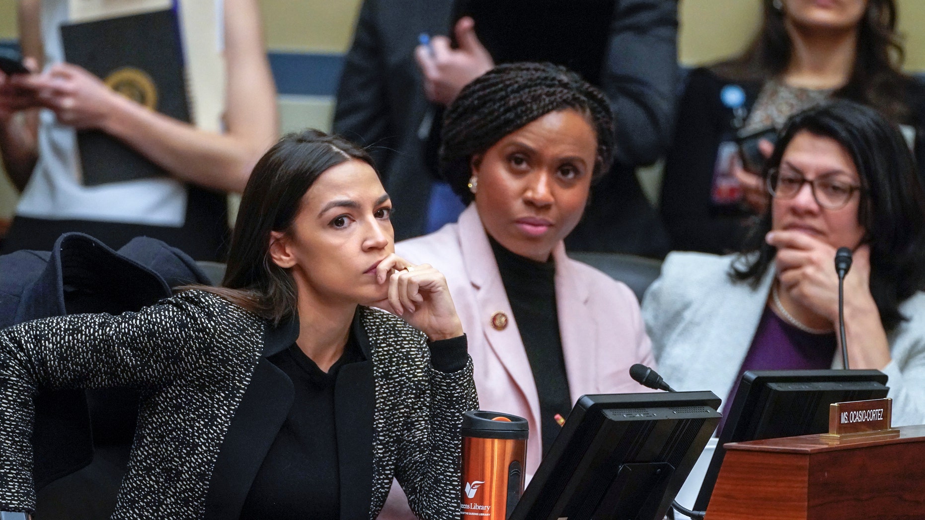 Rep. Alexandria Ocasio-Cortez, DN.Y., on the left, accompanied by Representative Ayanna Pressley, D-Mass., And Rep. Rashida Tlaib, D-Mich., Listening to a House Monitoring and Reform Committee meeting, Capitol Hill, Washington, DC, Tuesday, February 26, 2019. (AP Photo / J. Scott Applewhite)