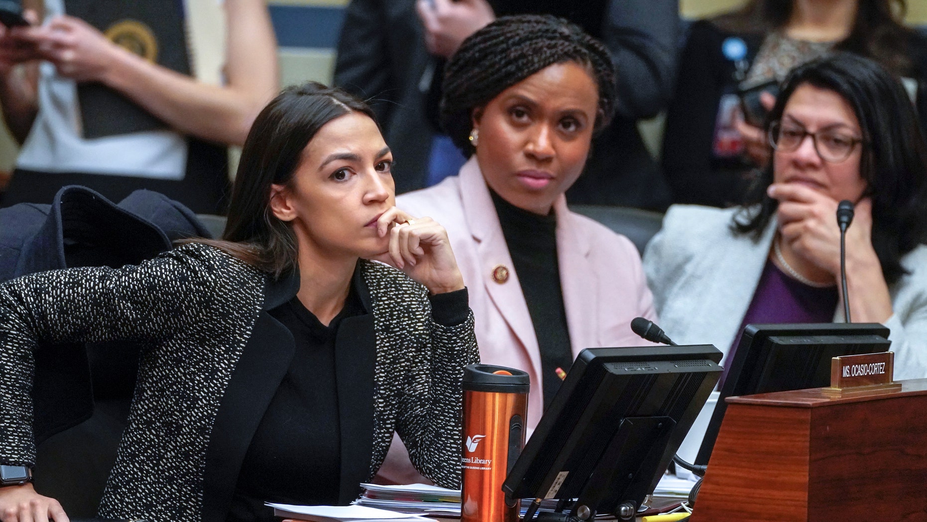 Rep. Alexandria Ocasio-Cortez, DN.Y., on the left, accompanied by Representative Ayanna Pressley, D-Mass., And Rep. Rashida Tlaib, D-Mich., Listening to a House Monitoring and Reform Committee meeting, Capitol Hill, Washington, DC, Tuesday, February 26, 2019. (AP Photo / J. Scott Applewhite)