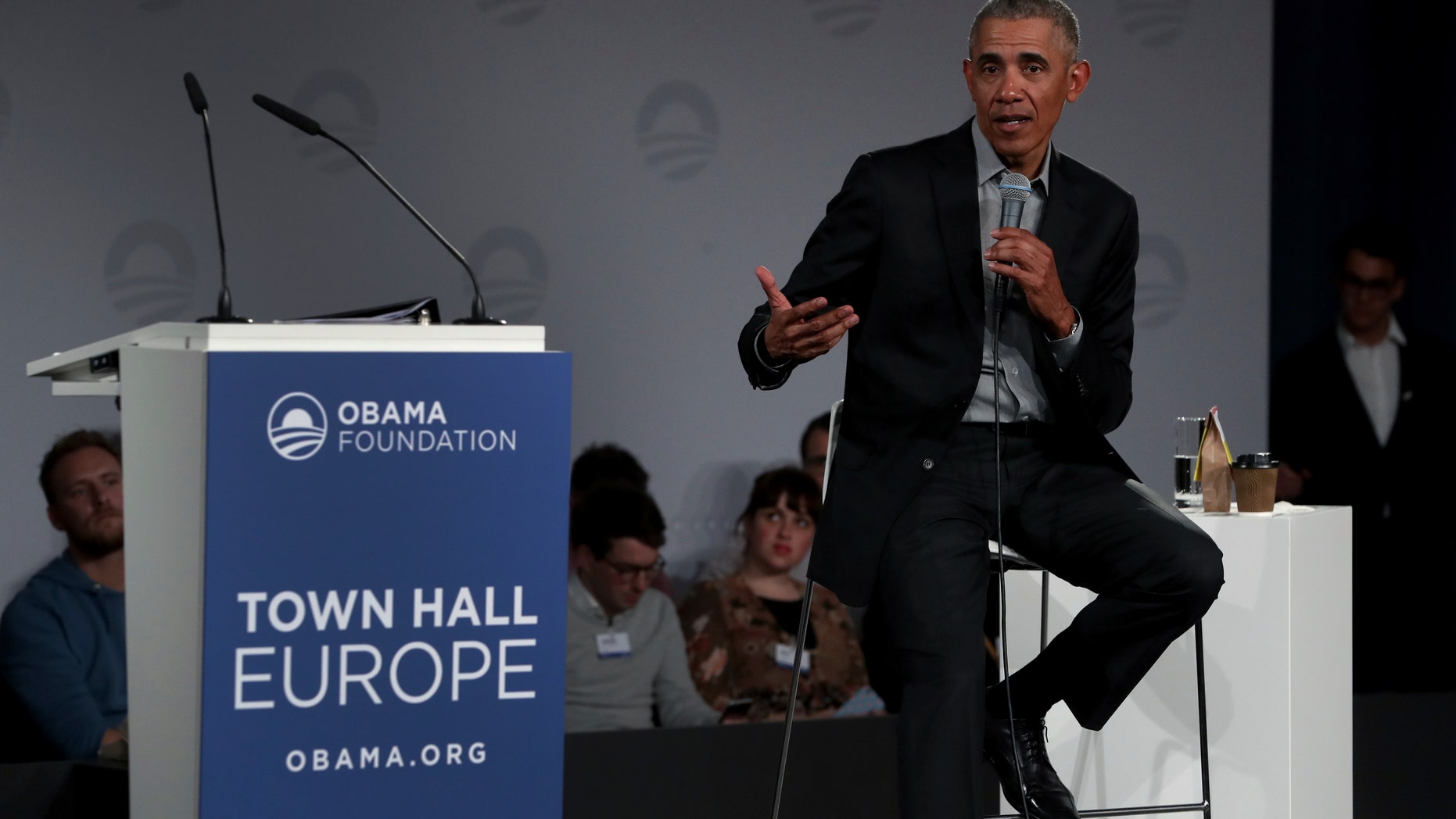 Former President Barack Obama gestures as he speaks during a town hall meeting at the European School For Management And Technology (ESMT) in Berlin, Germany, Saturday, April 6, 2019. (AP Photo/Michael Sohn)