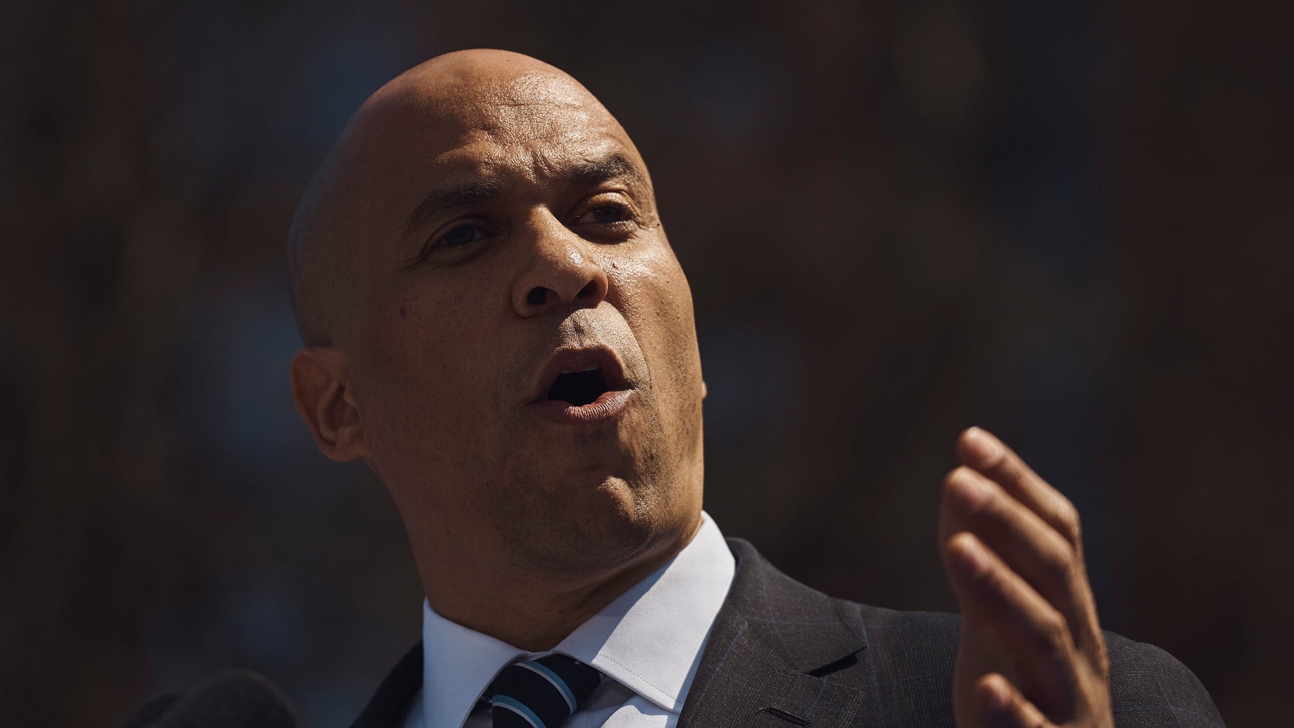 Democratic presidential candidate Sen. Cory Booker, D-N.J., talks to the crowd during a hometown kickoff for his national presidential campaign tour at Military Park in downtown Newark on Saturday. (AP Photo/Andres Kudacki)