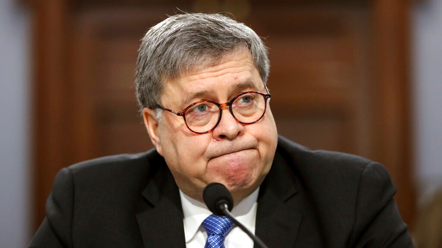 In his first appearance on Capitol Hill since taking office, and amid intense speculation over his review of special counsel Robert Mueller's Russia report, Attorney General William Barr appears before a House Appropriations subcommittee to make his Justice Department budget request, Tuesday, April 9, 2019, in Washington. (AP Photo/Andrew Harnik)