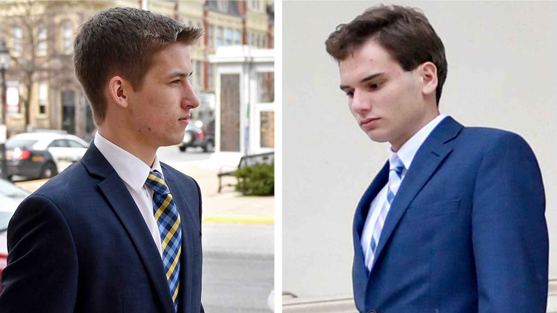 Left: Beta Theta Pi brother Michael Bonatucci enters the Centre County Courthouse Annex to be sentenced on Tuesday. Right: Joshua Kurczewski leaves the courthouse after a hearing last August.