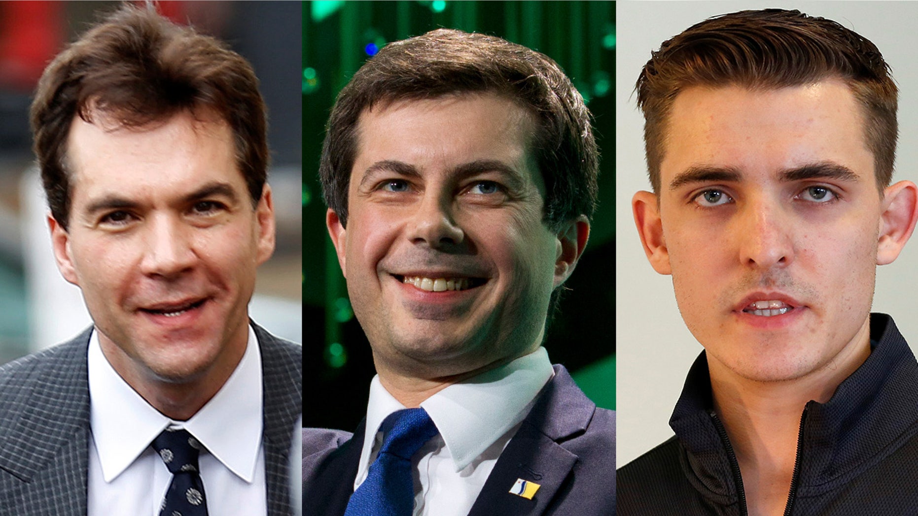Jack Burkman, left, and Jacob Wohl, right, are accused of orchestrating sexual assault allegations against Pete Buttigieg, center. (Reuters/AP)