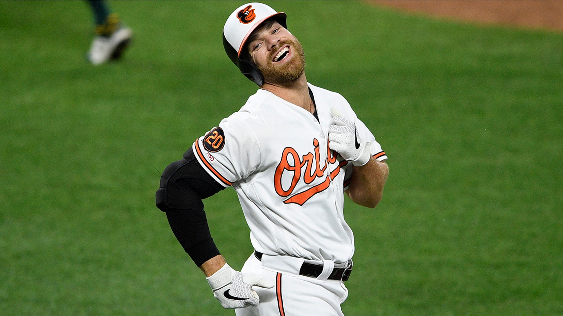 Baltimore Orioles' Chris Davis reacts after he lined out during the third inning of a baseball game against the Oakland Athletics, Monday, April 8, 2019, in Baltimore. (AP Photo/Nick Wass)