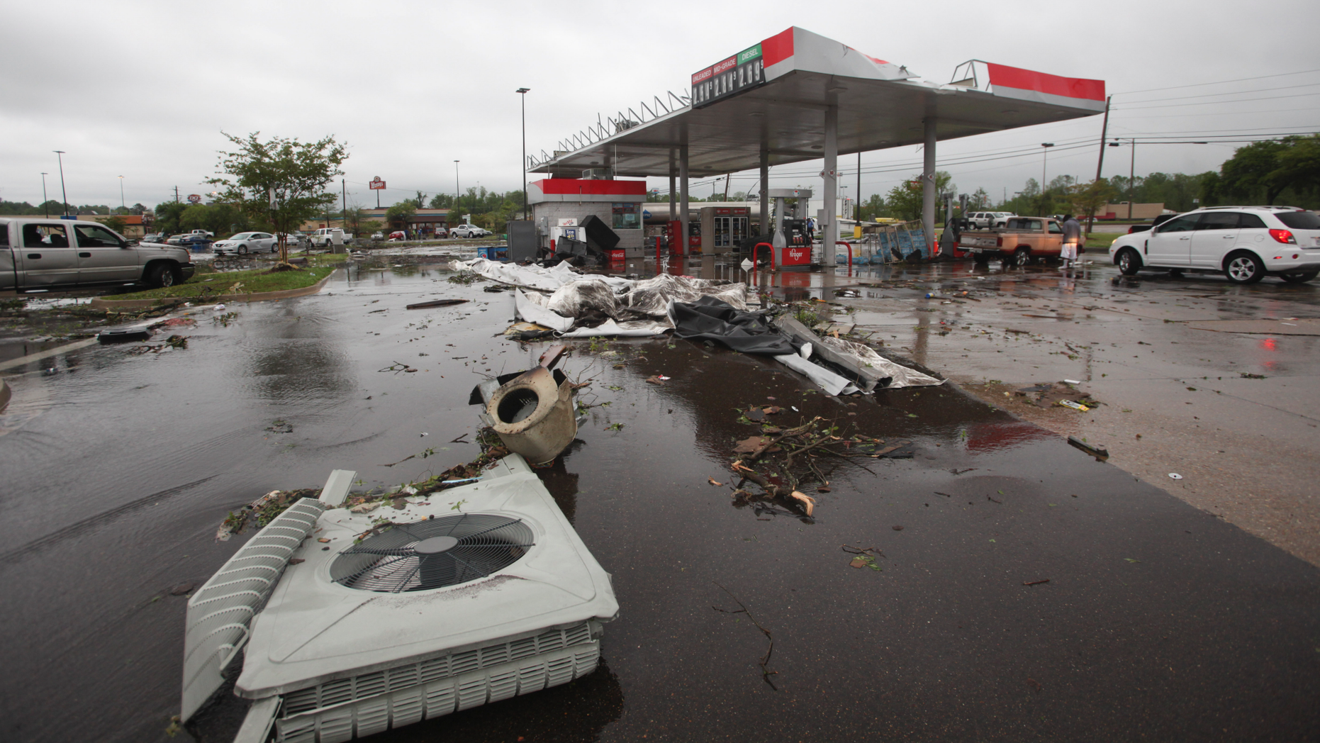 A service station is damaged as a result of extreme weather conditions on Saturday, April 13, 2019 in Vicksburg, Miss. Authorities say that a possible tornado has fallen on the west of Mississippi, causing damage to several businesses and vehicles. John Moore, a forecaster of the National Weather Service in Jackson, said that a twister had been reported Saturday in the Vicksburg, Mississippi area, and that it was indicated on the radar. (Courtland Wells / The Vicksburg Post via AP)