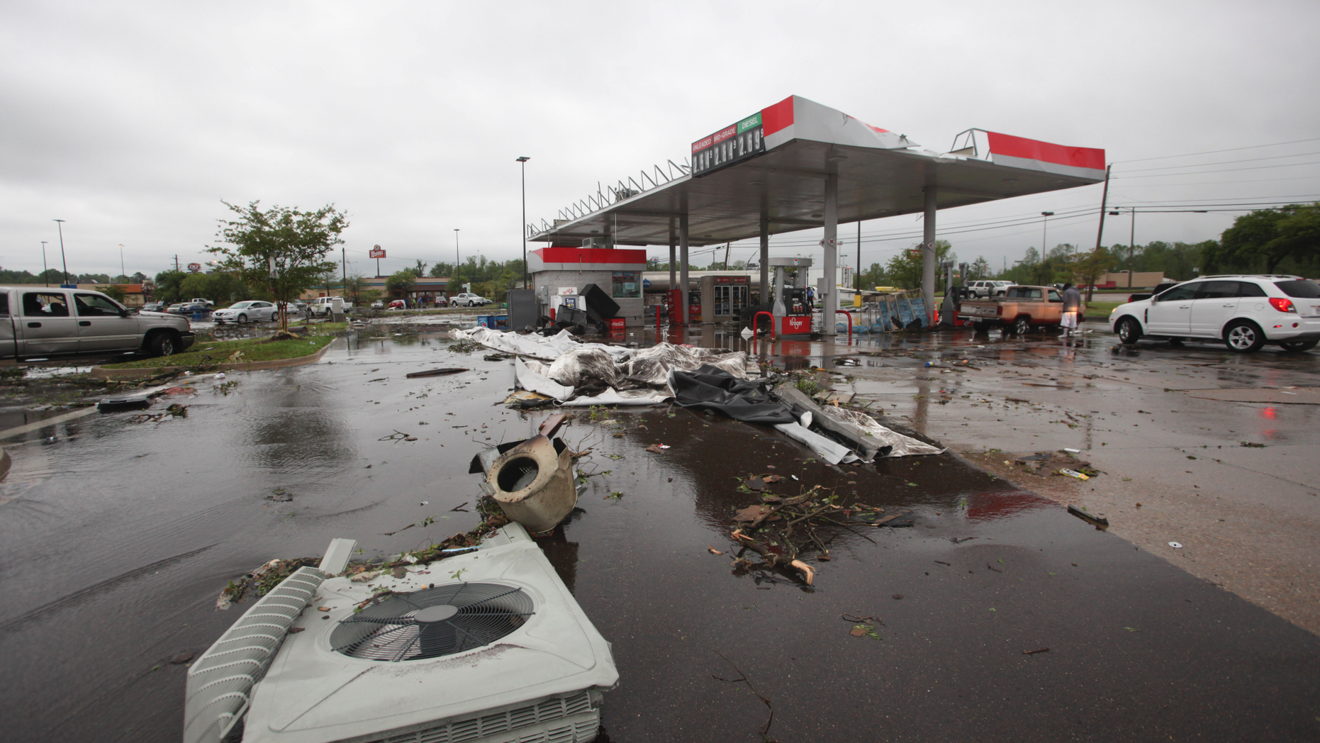 A service station is damaged as a result of extreme weather conditions on Saturday, April 13, 2019 in Vicksburg, Miss. Authorities say that a possible tornado has fallen on the west of Mississippi, causing damage to several businesses and vehicles. John Moore, a forecaster of the National Weather Service in Jackson, said that a twister had been reported Saturday in the Vicksburg, Mississippi area, and that it was indicated on the radar. (Courtland Wells / The Vicksburg Post via AP)