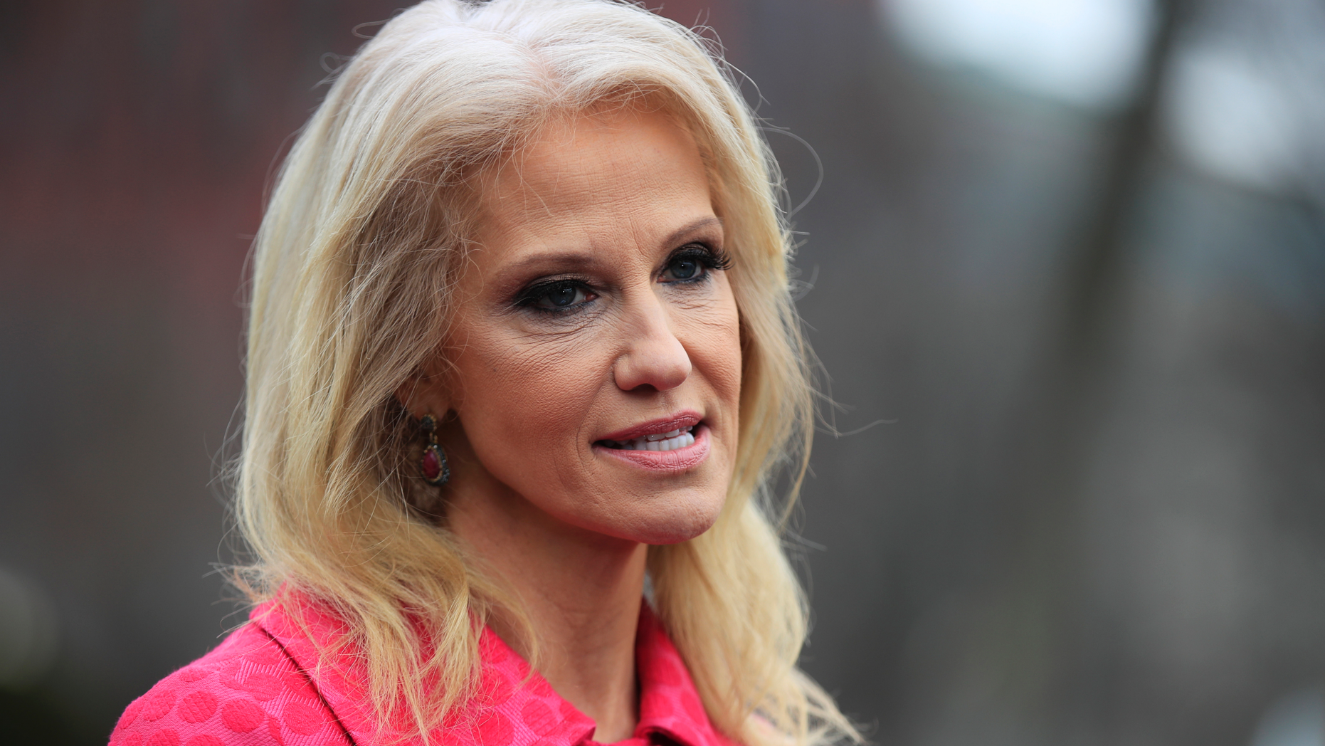 FILE - In this Feb. 22, 2019, fjle photo, counselor to the President Kellyanne Conway speaks to reporters outside the West Wing of the White House in Washington. Prosecutors have dropped a criminal case against a Maryland woman who was charged with assaulting White House counselor Kellyanne Conway during a confrontation last year at a restaurant in a Washington suburb. A trial for 63-year-old Mary Elizabeth Inabinett was scheduled to start Monday, April 15, 2019, in Montgomery County, Maryland. Instead, a county prosecutor asked a judge to dismiss the charges. (AP Photo/Manuel Balce Ceneta, File)