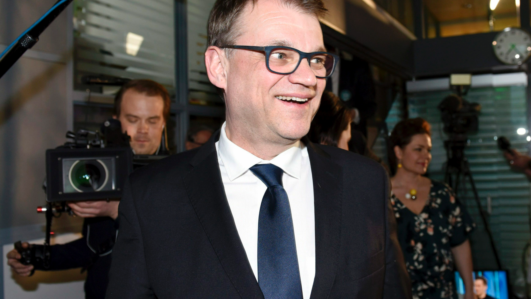Chairman of Centre Party of Finland Juha Sipila arrives at the parliamentary election party in Helsinki, Sunday, April 14, 2019. Voters in Finland are casting ballots in a parliamentary election Sunday after climate change dominated the campaign, even overshadowing topics like reforming the nation's generous welfare model. (Heikki Saukkomaa/Lehtikuva via AP)