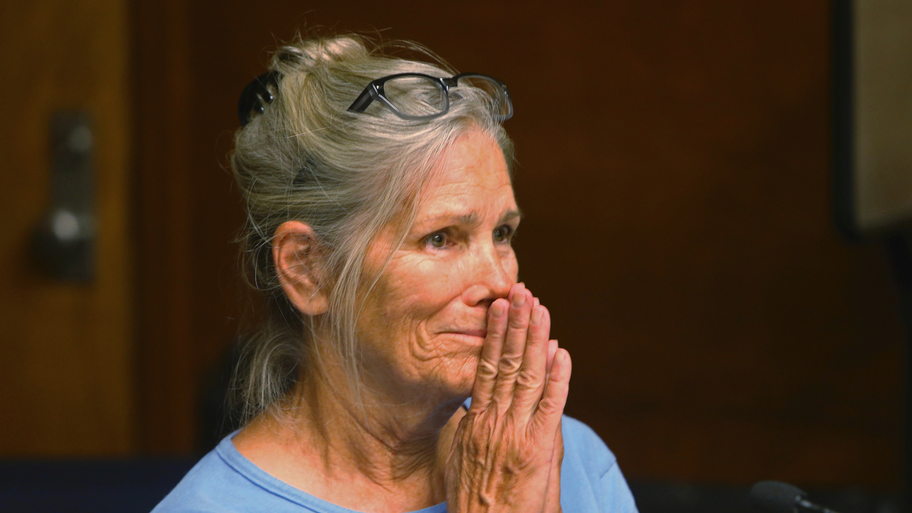 DOSSIER - In this archive photo from September 6, 2017, Leslie Van Houten reacts after learning that she was eligible for parole at a hearing at the California Women's Institution. in Corona, California. A disciple of Charles Manson, Van Houten, has another chance to get out of prison. Van Houten's lawyer will argue that she deserves parole at a hearing before the California Court of Appeal in Los Angeles on Wednesday, April 24, 2019. Van Houten, 69, is not expected herself. (Stan Lim / Los Angeles Daily News via AP, Pool, File)