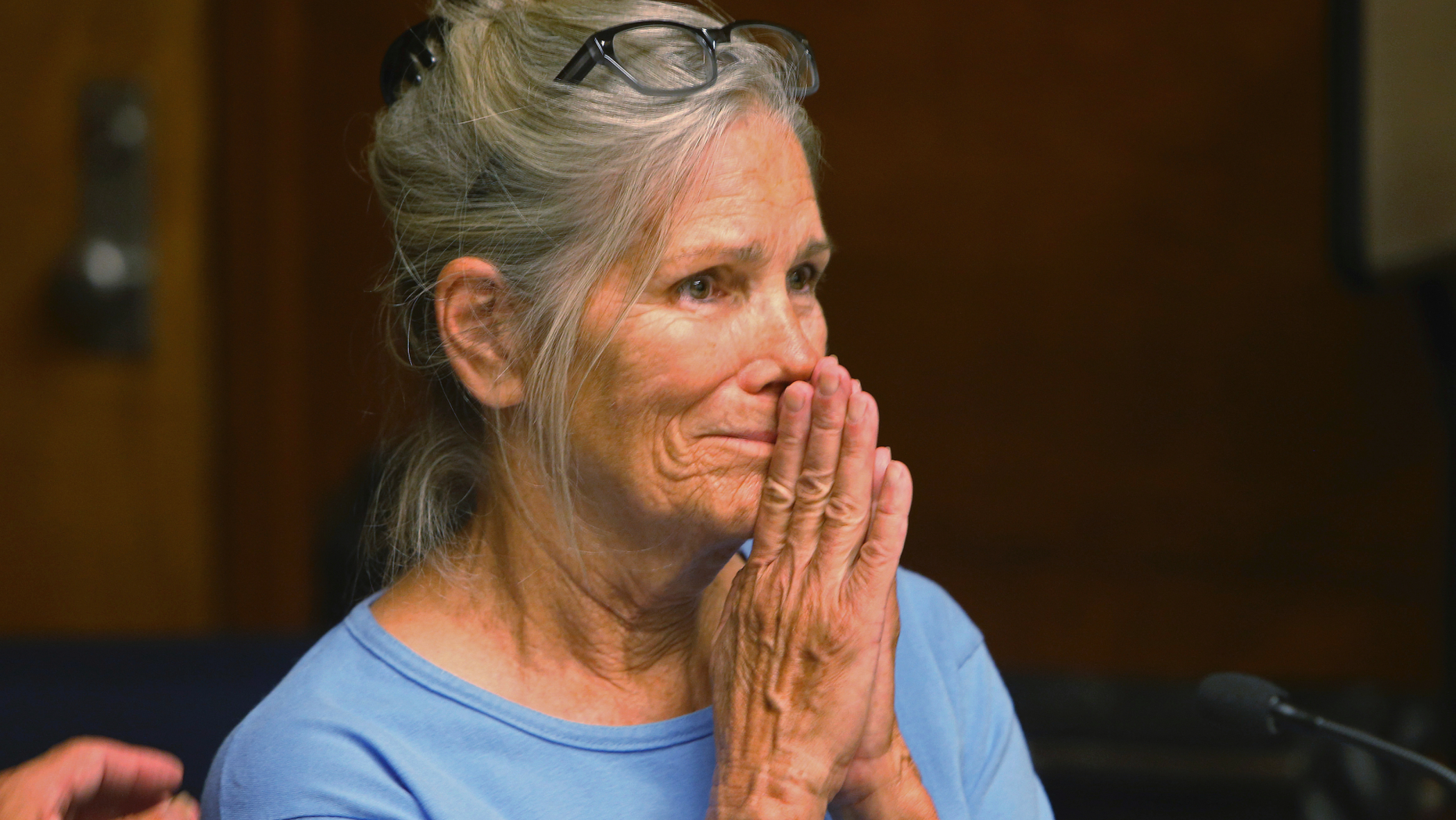 DOSSIER - In this archive photo from September 6, 2017, Leslie Van Houten reacts after learning that she was eligible for parole at a hearing at the California Women's Institution. in Corona, California. A disciple of Charles Manson, Van Houten, has another chance to get out of prison. Van Houten's lawyer will argue that she deserves parole at a hearing before the California Court of Appeal in Los Angeles on Wednesday, April 24, 2019. Van Houten, 69, is not expected herself. (Stan Lim / Los Angeles Daily News via AP, Pool, File)