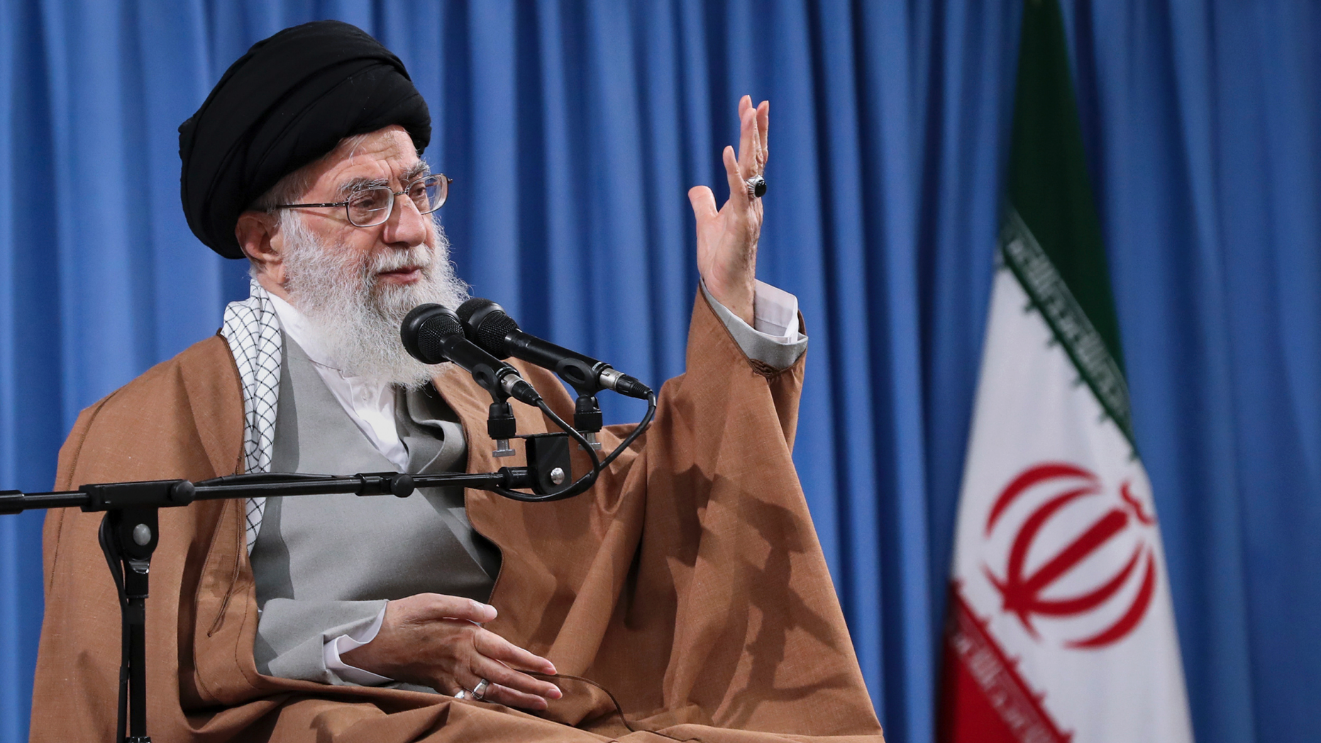 In this picture released by an official website of the office of the Iranian supreme leader, Supreme Leader Ayatollah Ali Khamenei speaks at a meeting with a group of  Revolutionary Guards and their families, in Tehran, Iran, Tuesday, April 9, 2019. Khamenei praised Iran's Revolutionary Guard and said America's "evil designs would not harm" the force after the White House designated the guard a foreign terrorist organization. (Office of the Iranian Supreme Leader via AP)