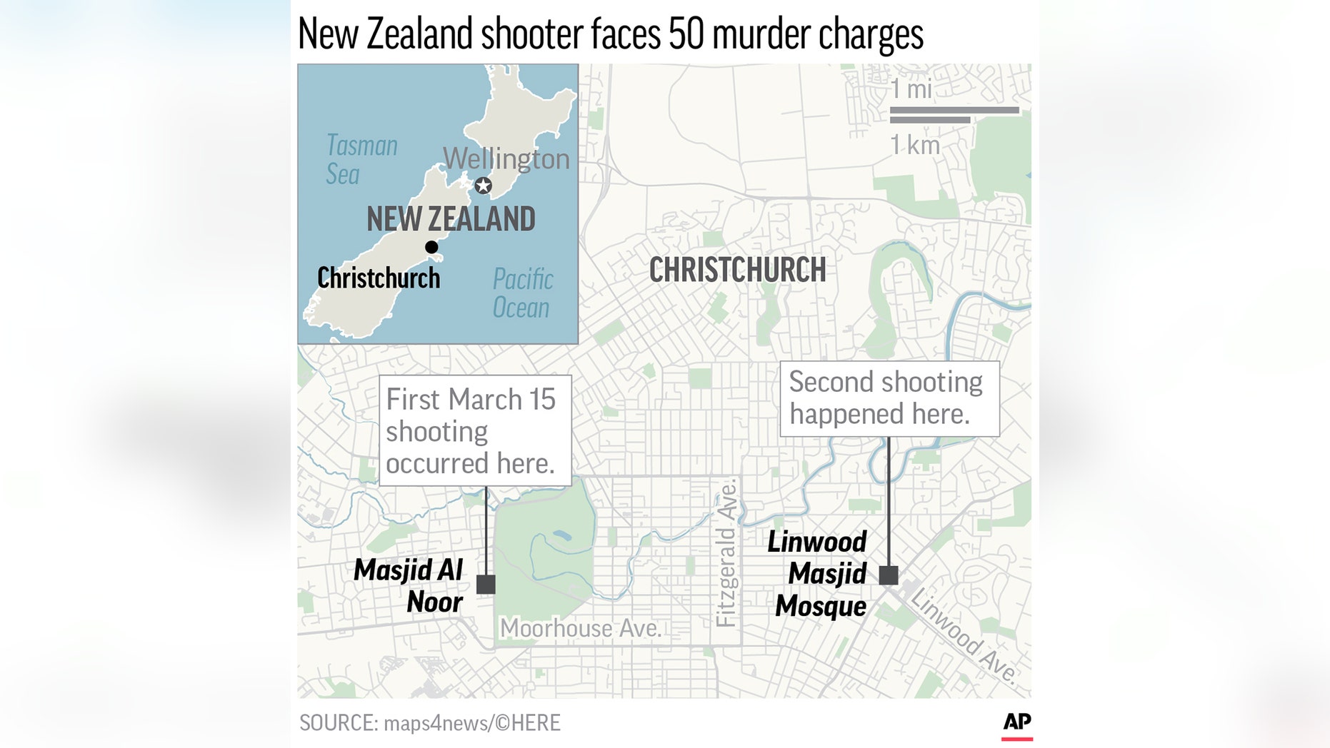 Graphic locates two mosques in Christchurch, New Zealand, where two mass shootings occurred;