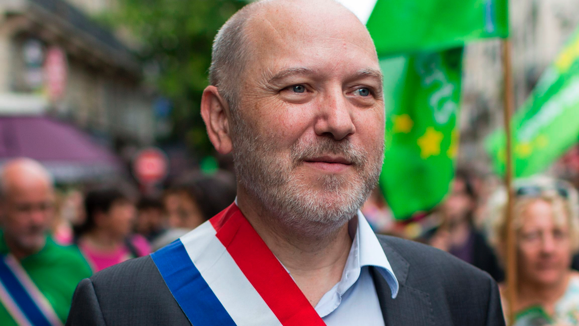 FILE - In this Sept. 21, 2014 file photo, Denis Baupin, a prominent Green Party member and former Paris city official, takes part in a climate change demonstration in Paris. A French court ruled Friday April 19, 20119 that six women who accused the former French lawmaker of sexual misconduct and two journalists who reported the allegations were not guilty of defamation.(AP Photo, File)